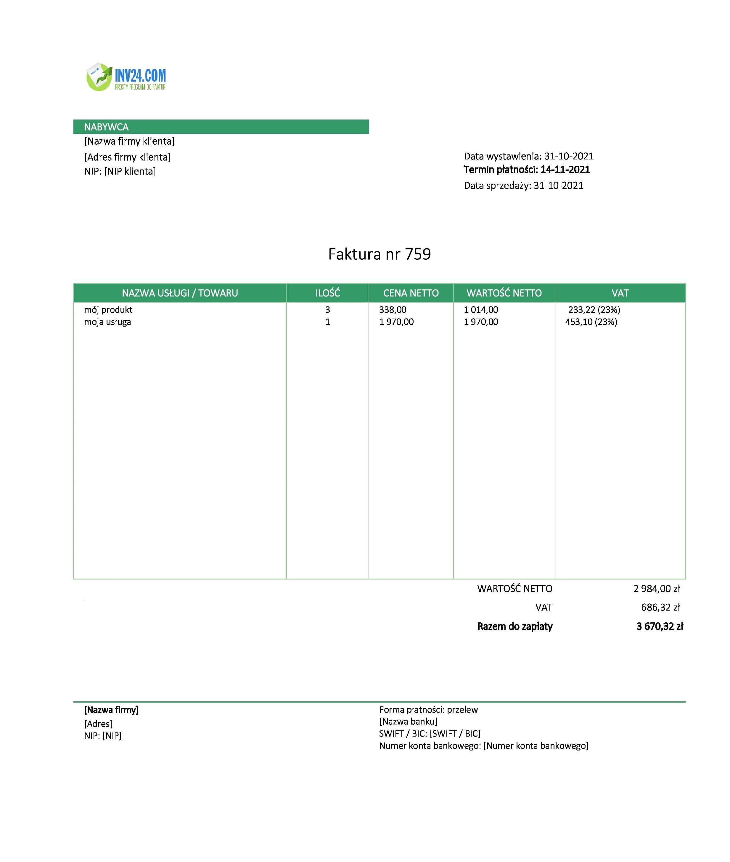 faktura Google sheets wzór