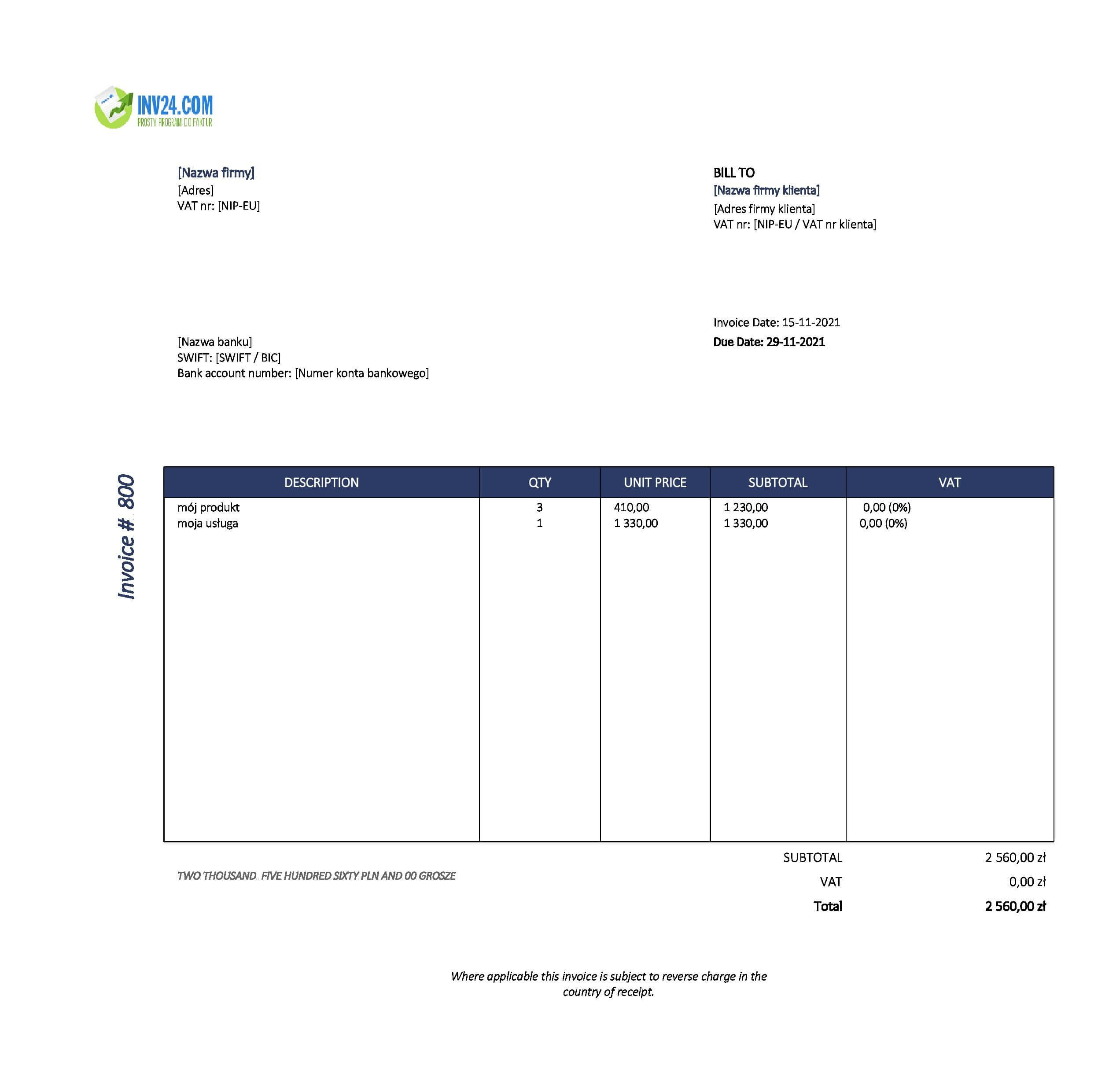 faktura invoice wzór (Excel / Google Sheets) faktura invoice wzór (Excel / Google Sheets)