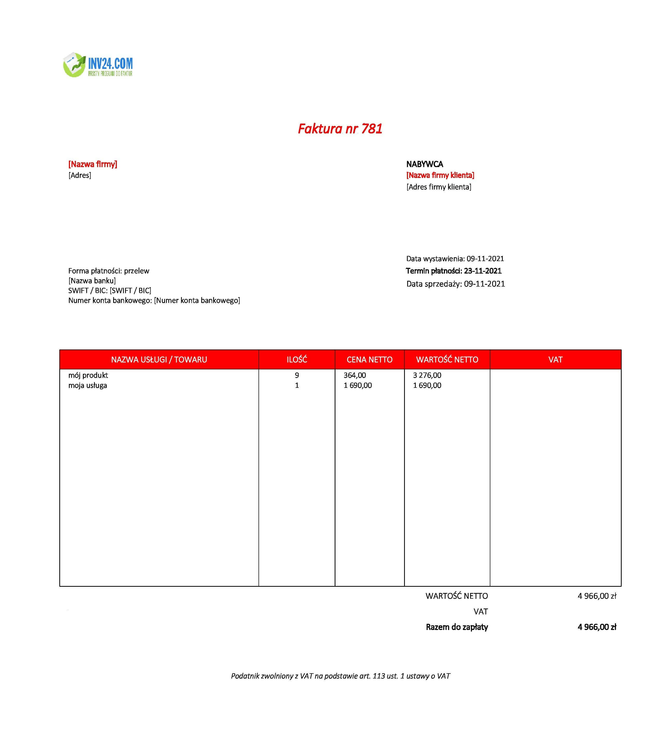 faktura nievatowca wzór (Excel / Google Sheets) faktura nievatowca wzór (Excel / Google Sheets)