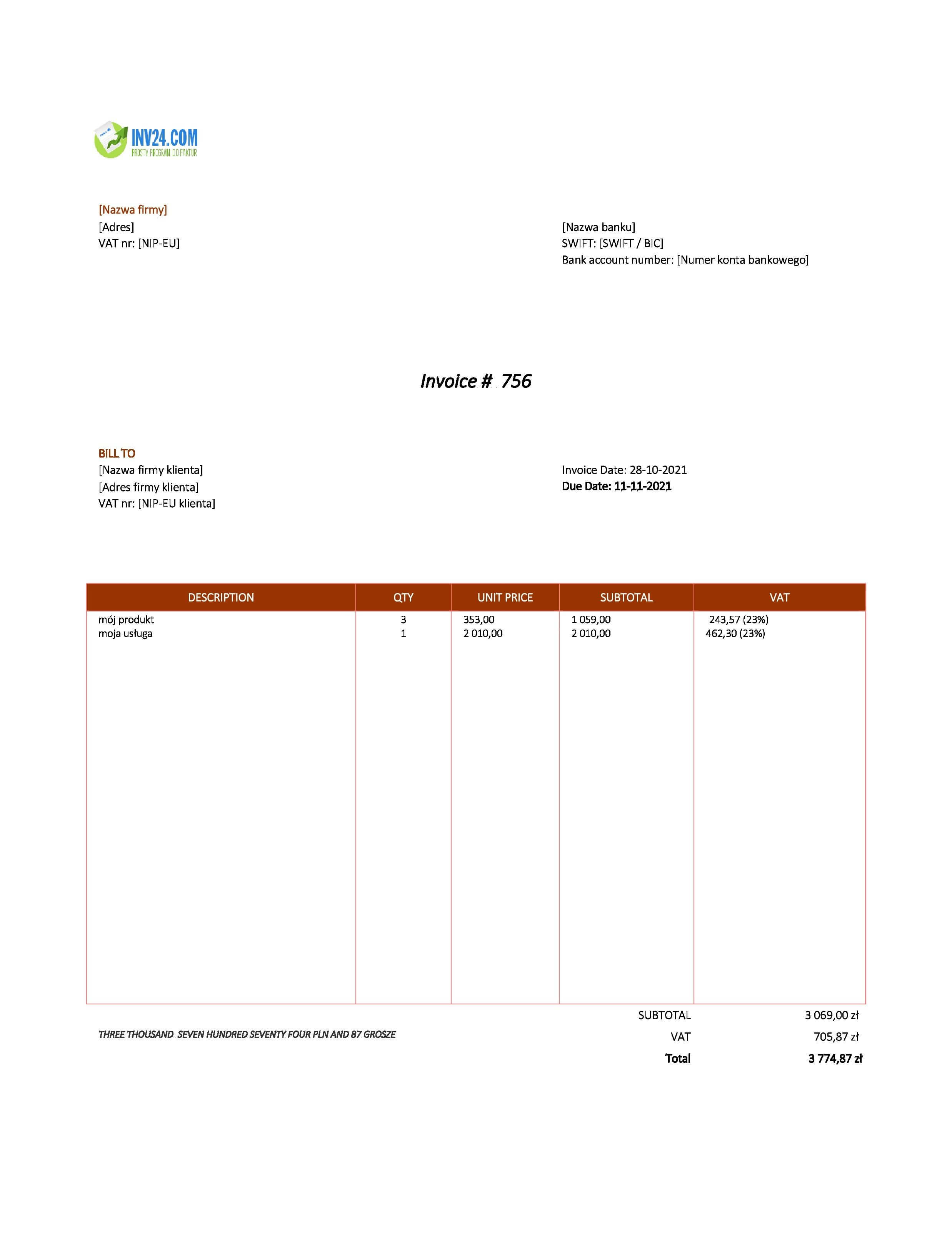 faktura po angielsku wzór (Excel / Google Sheets) faktura po angielsku wzór (Excel / Google Sheets)