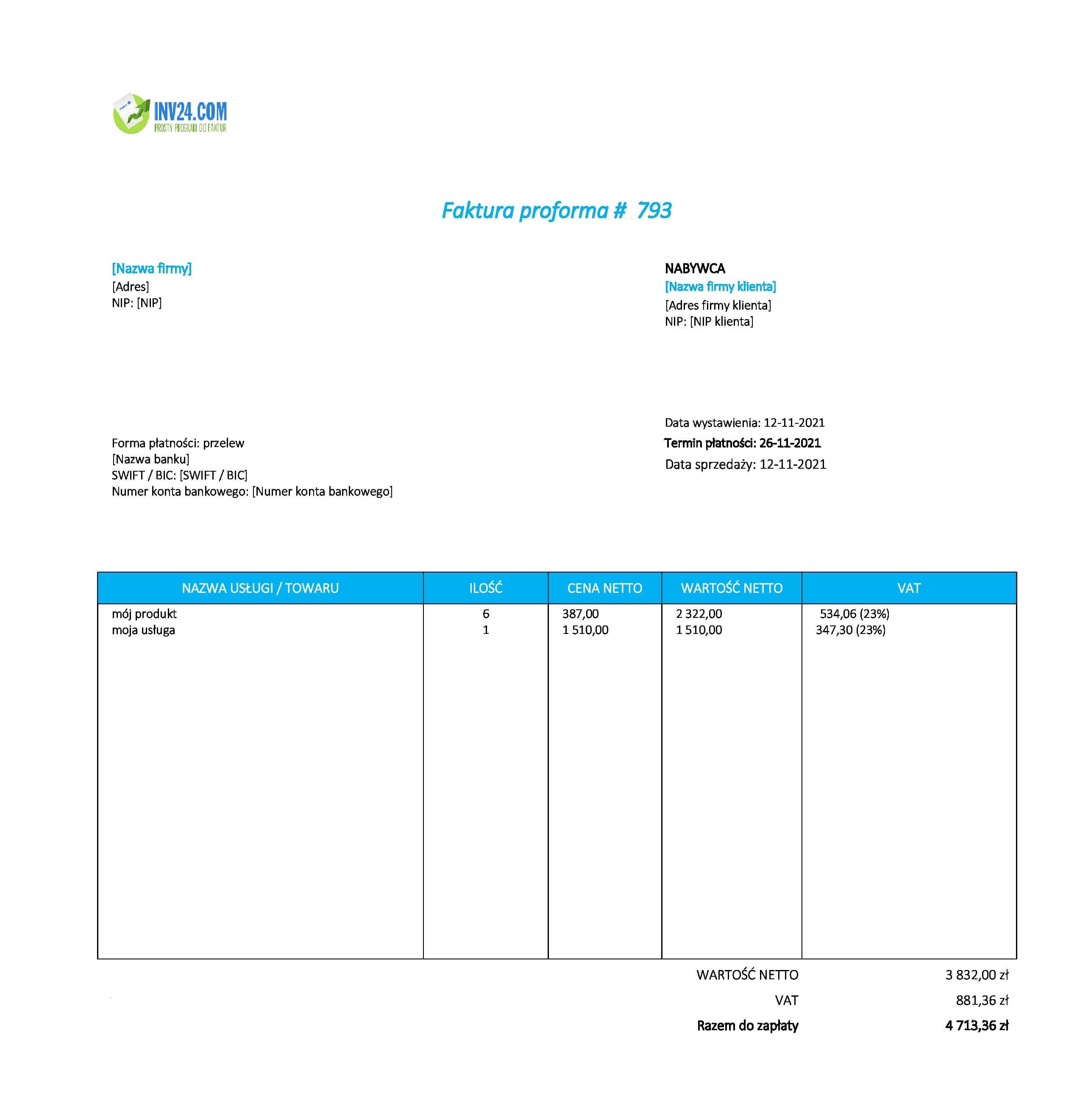 faktura pro forma wzór do druku (Excel / Google Sheets) faktura pro forma wzór do druku (Excel / Google Sheets)