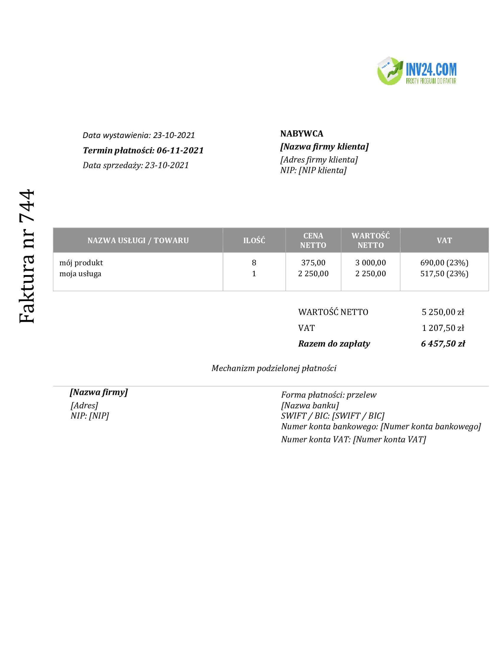 faktura split payment wzór (Word / Google Docs)