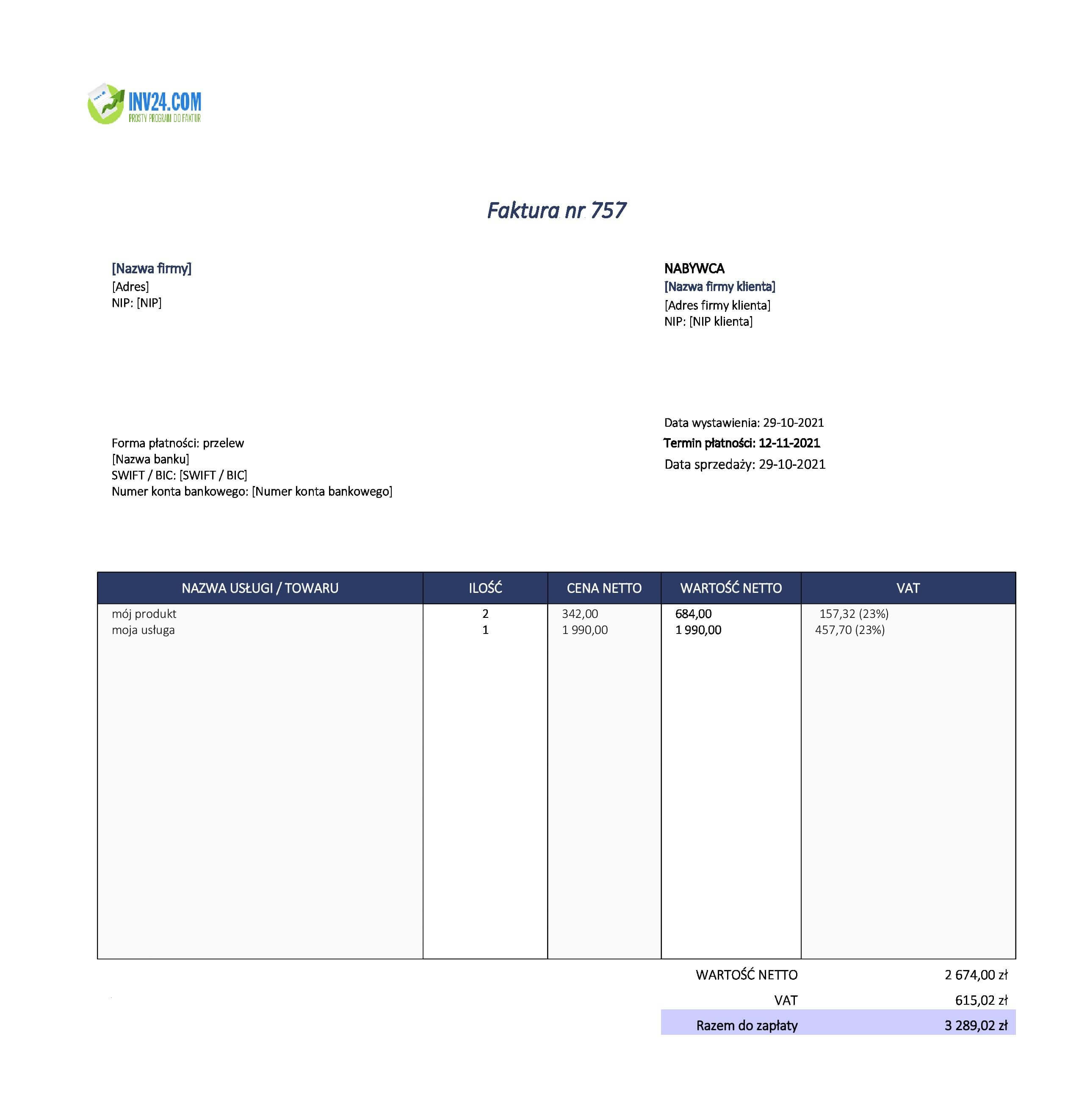 faktura VAT wzór xls (Excel / Google Sheets) faktura VAT wzór xls (Excel / Google Sheets)