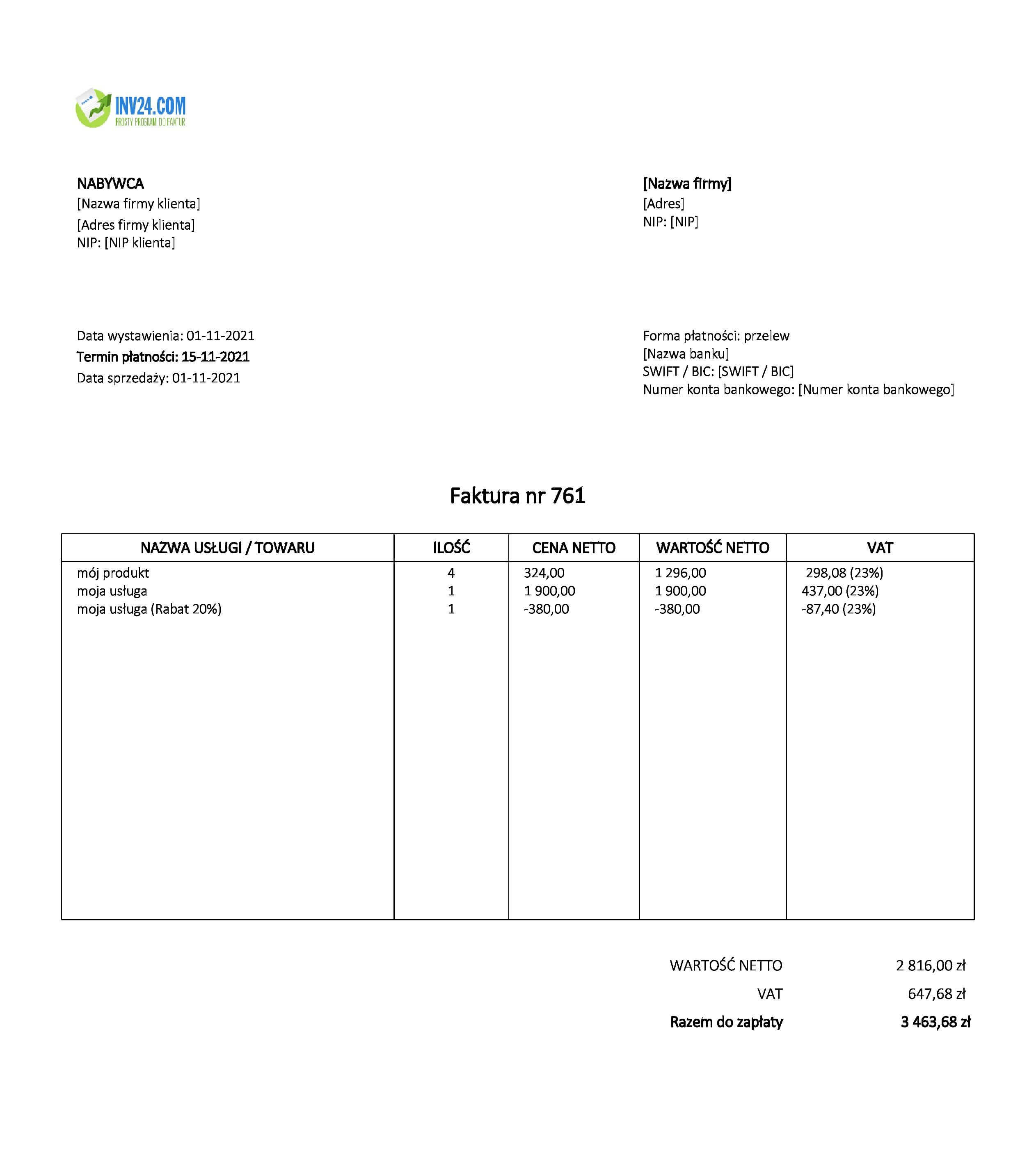 faktura z rabatem wzór (Excel / Google Sheets) faktura z rabatem wzór (Excel / Google Sheets)