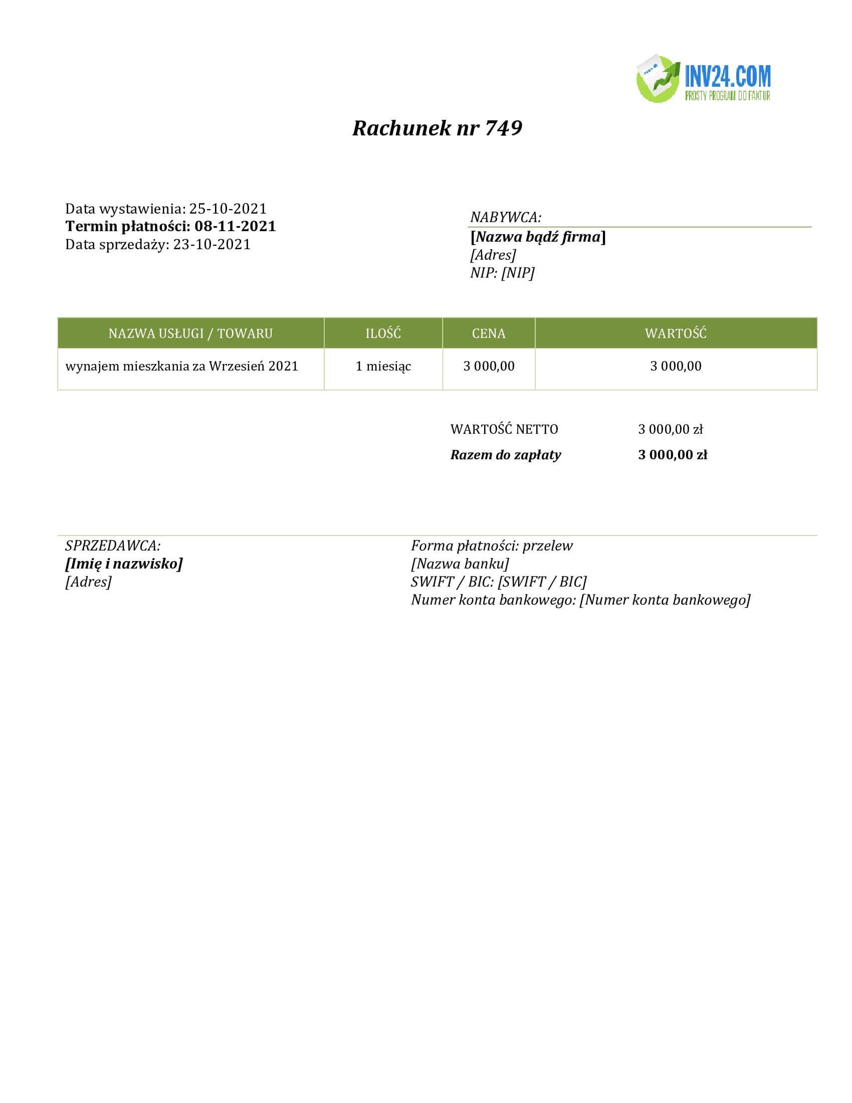 faktura za wynajem mieszkania od osoby fizycznej wzór (Word / Google Docs)