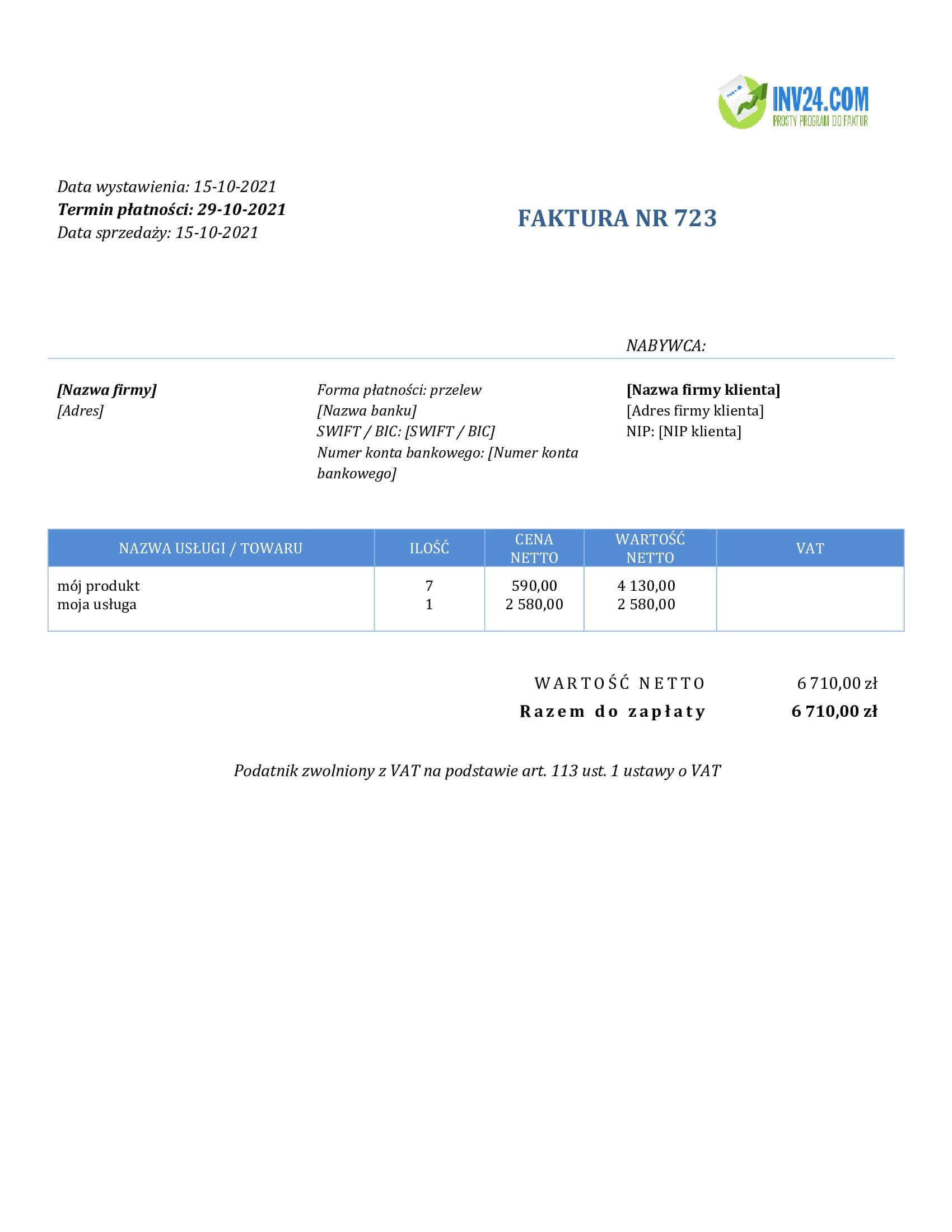 faktura zwolniona z VAT wzór art 113 doc (Word / Google Docs) faktura zwolniona z VAT wzór art 113 doc (Word / Google Docs)