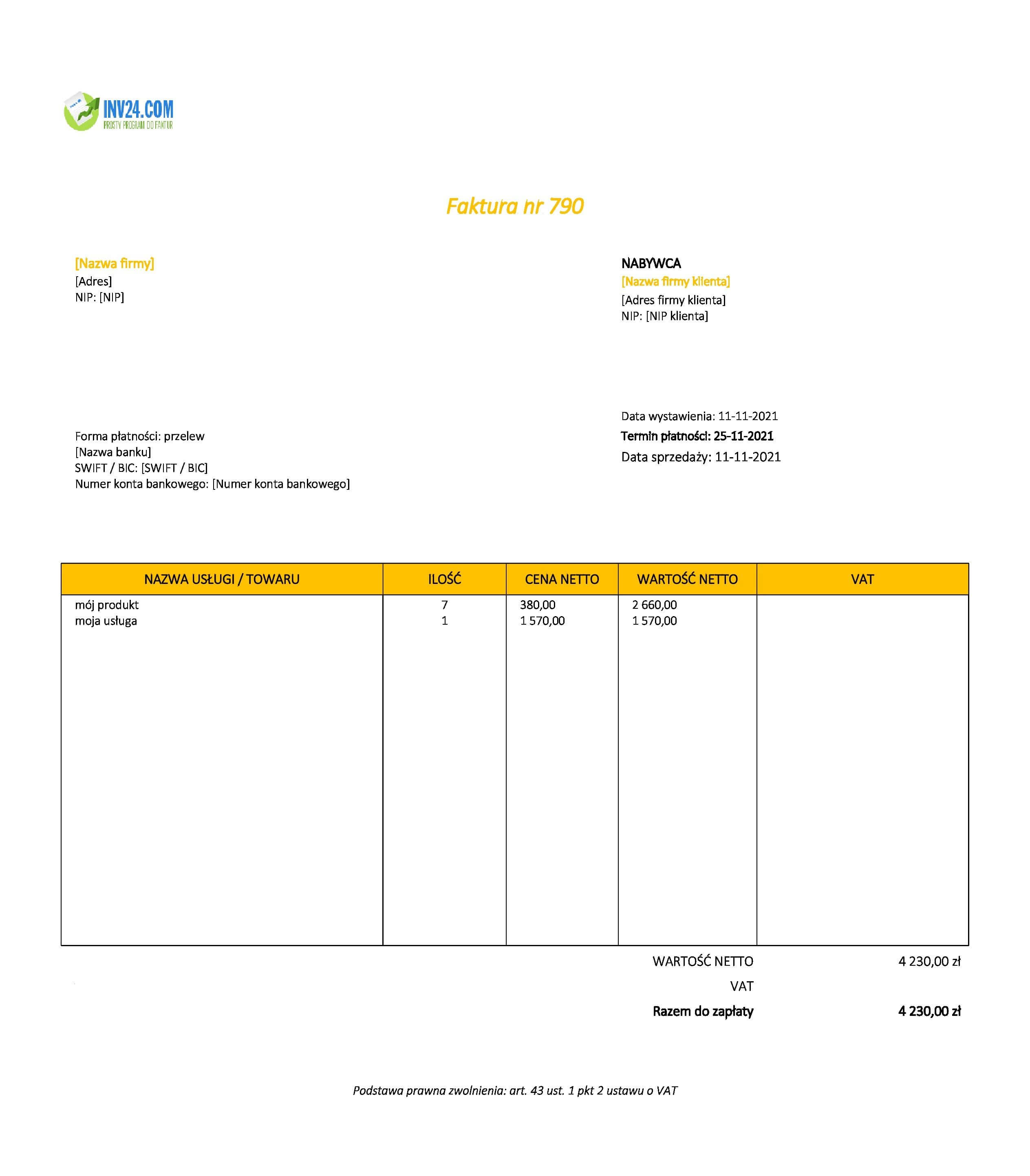 faktura zwolnioną z VAT wzór art 43 (Excel / Google Sheets) faktura zwolnioną z VAT wzór art 43 (Excel / Google Sheets)