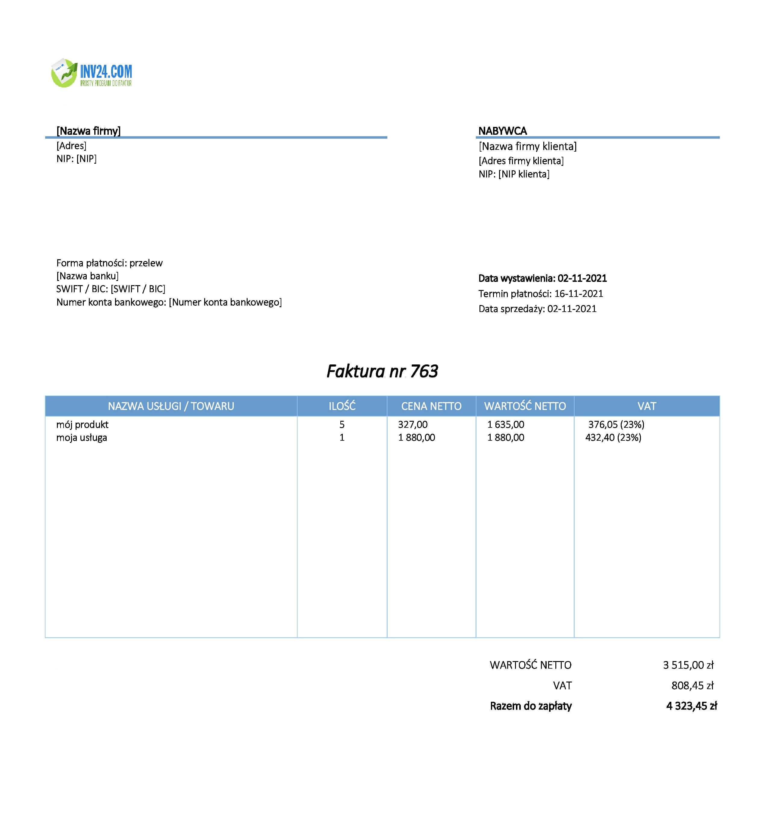 formularz faktury (Excel / Google Sheets)