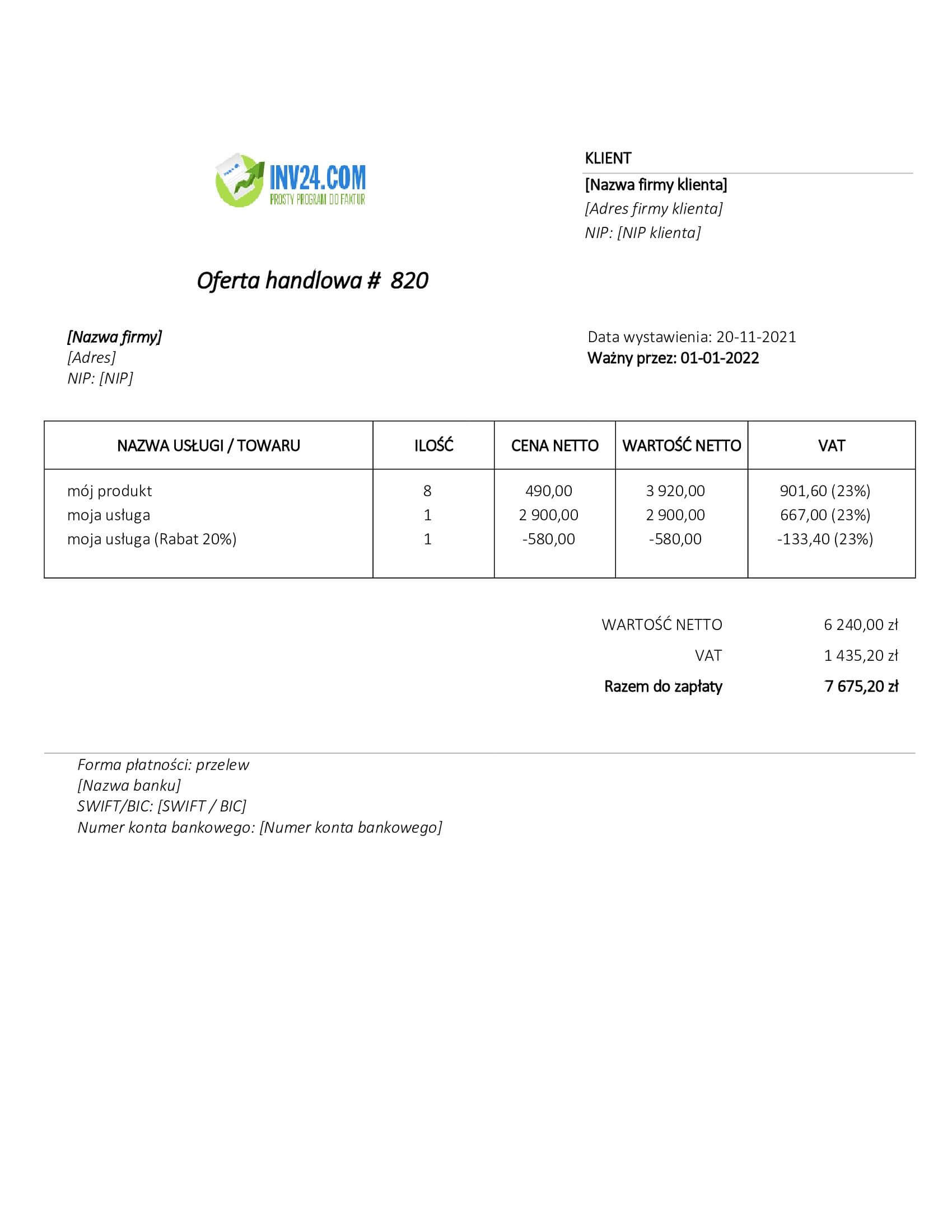 oferta handlowa przykład wzór (Word / Google Docs)