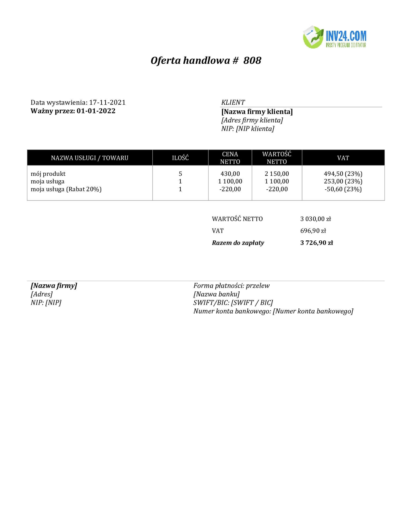 gotowy wzór oferty handlowej (Word / Google Docs)