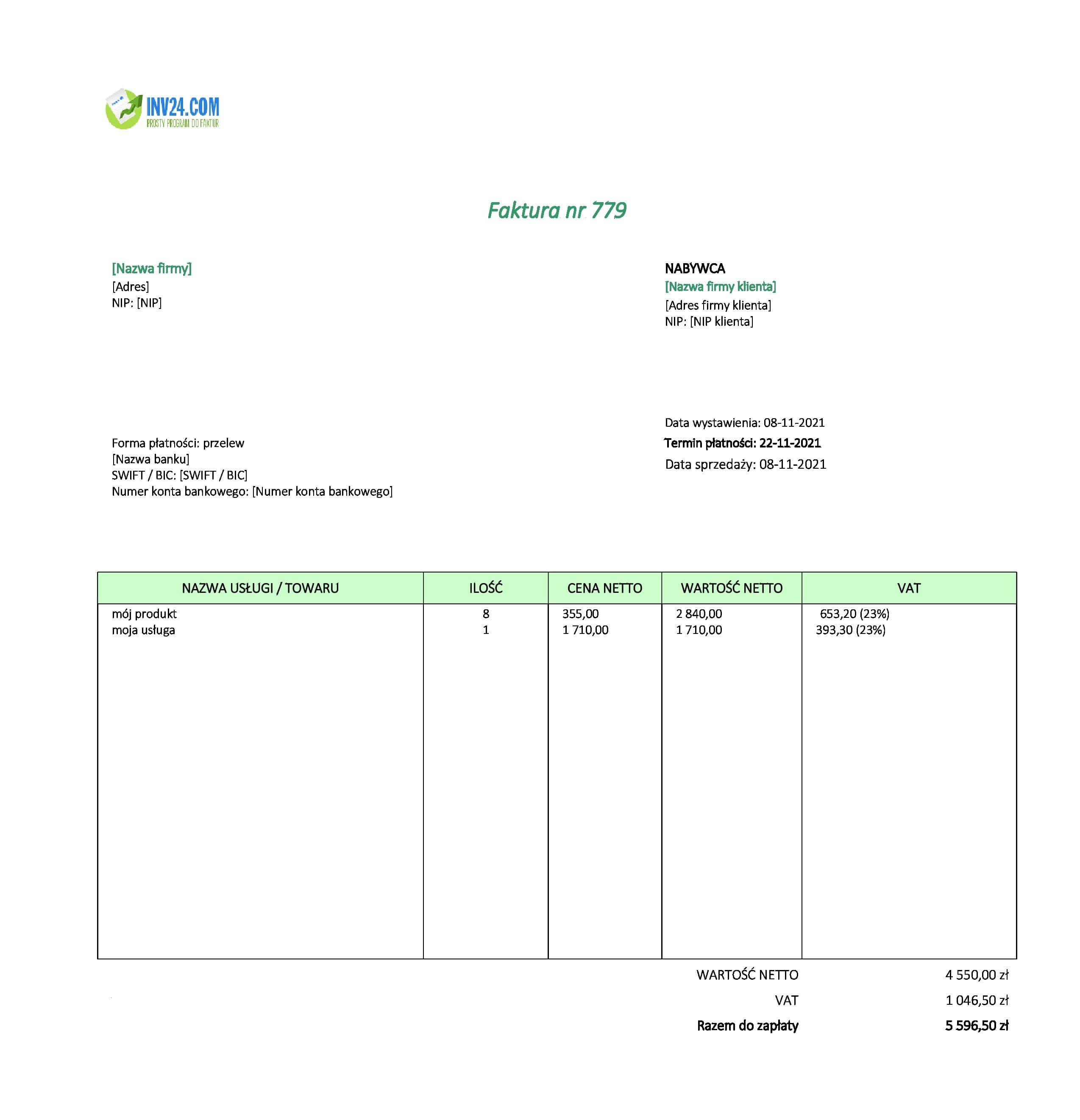opis faktury wzór (Excel / Google Sheets)