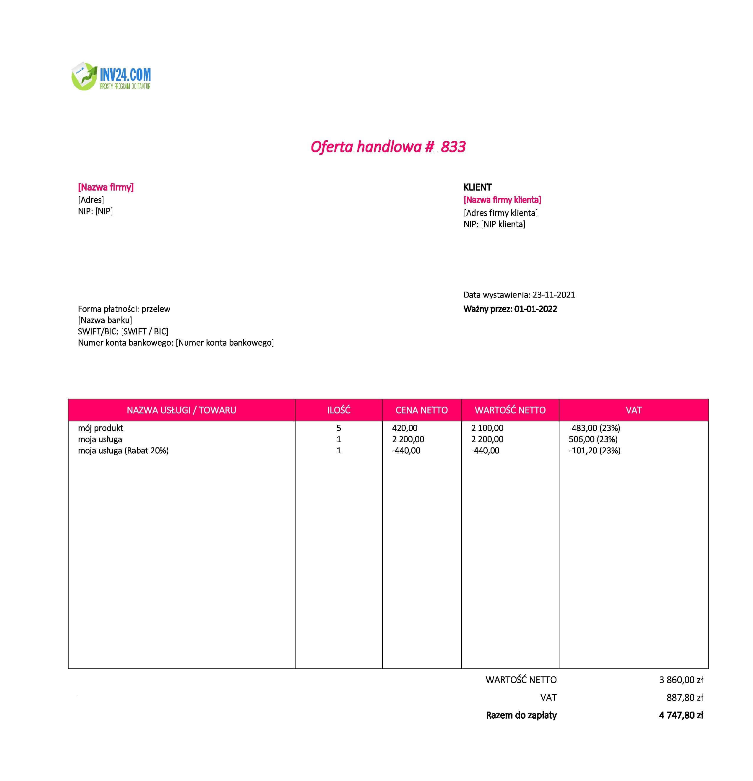 profesjonalna oferta handlowa wzór (Excel / Google Sheets)