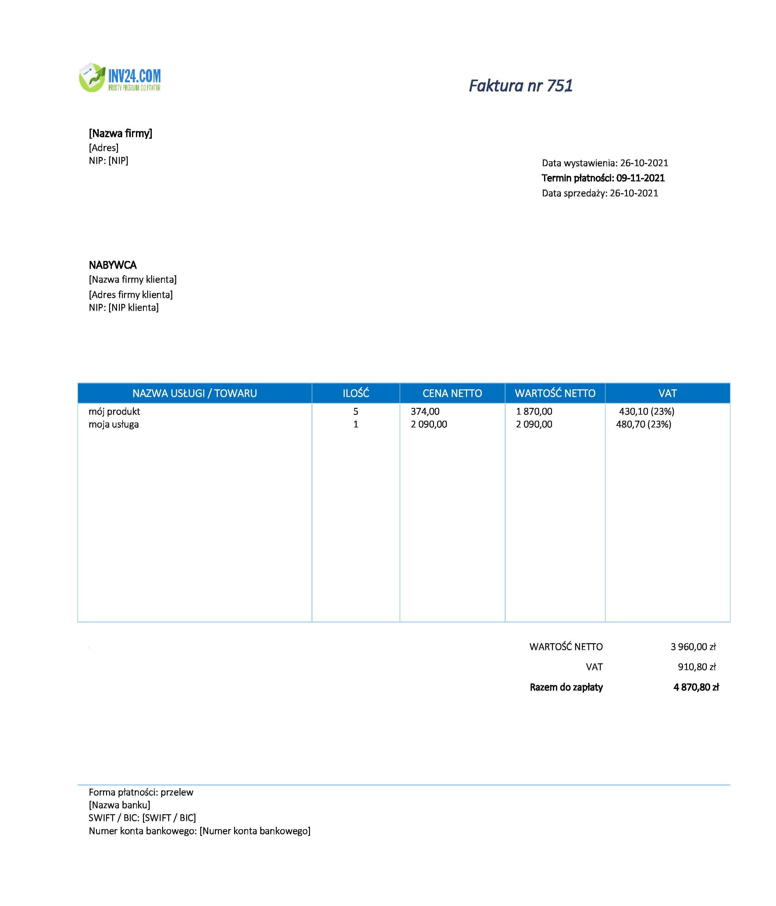 szablon VAT faktury xls (Excel / Google Sheets)
