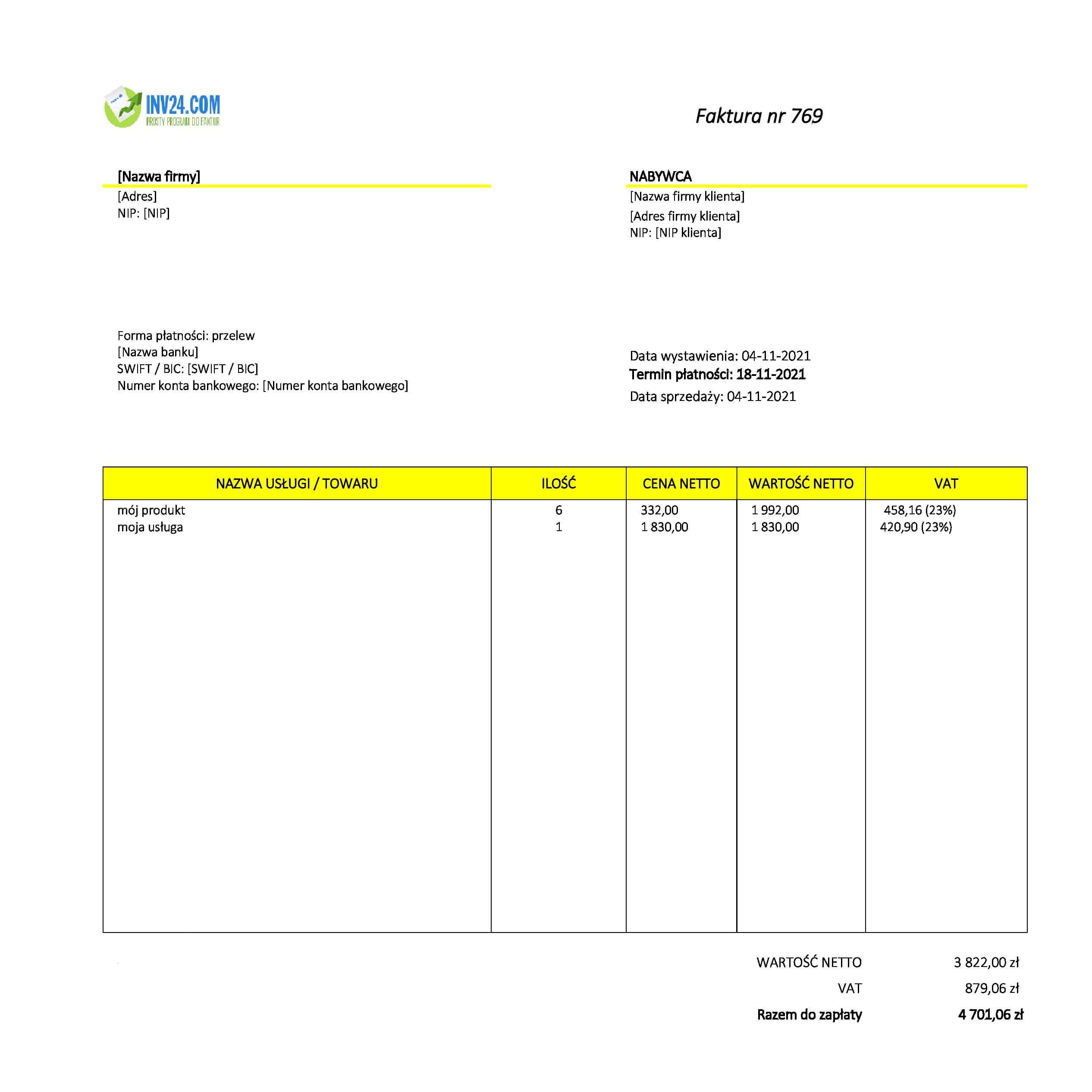 wzór faktury do wypełnienia (Excel / Google Sheets)