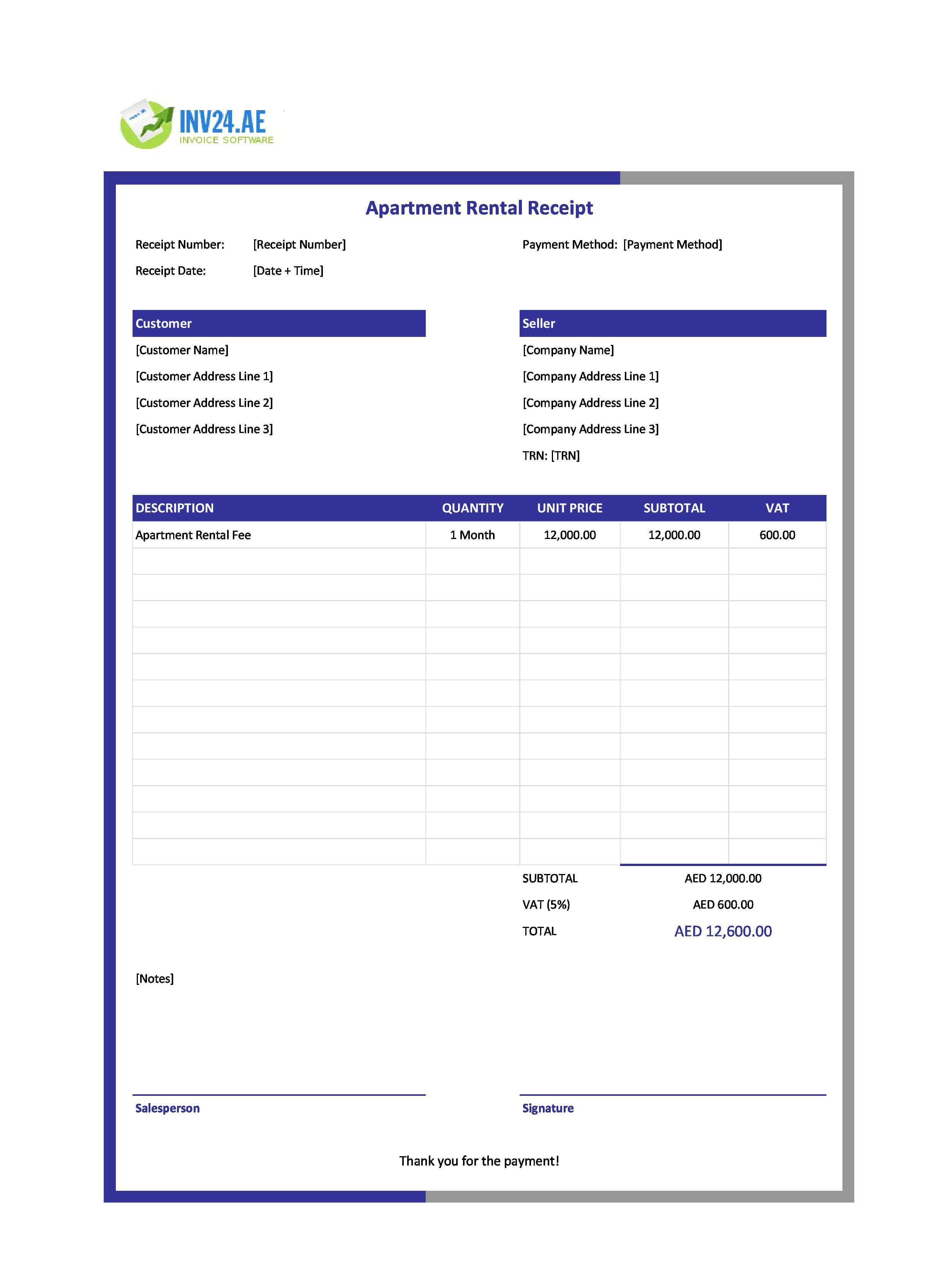 Apartment Rental Receipt Template for UAE (Excel / Google Sheets)