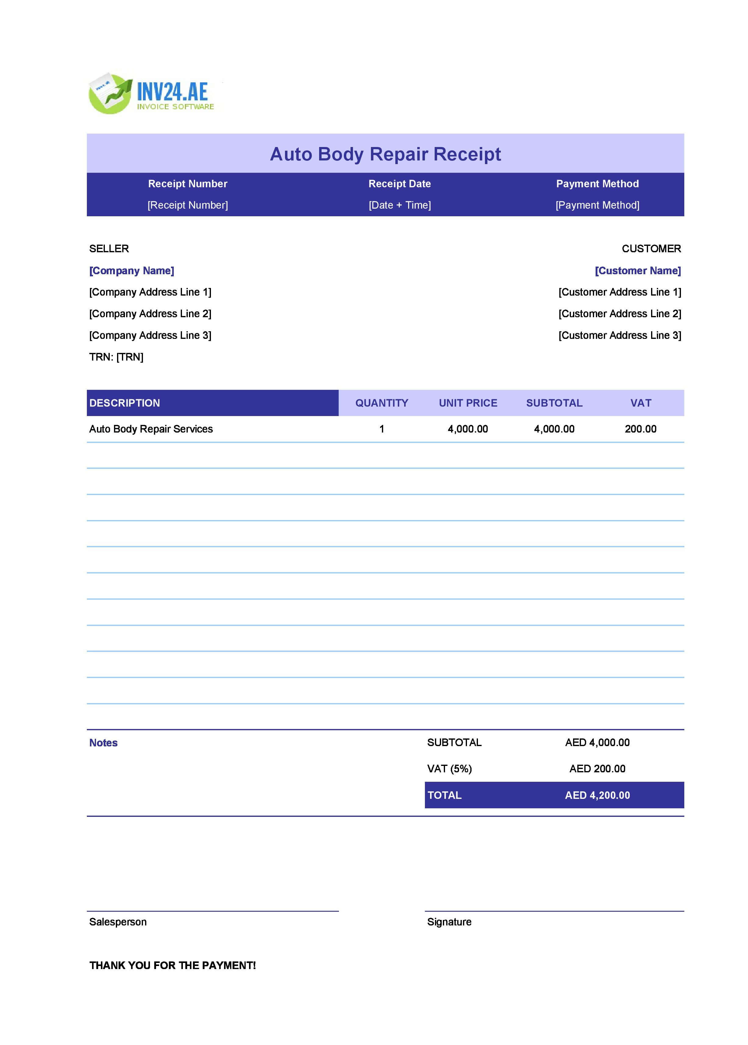 Auto Body Repair Receipt Template for UAE (Excel / Google Sheets)