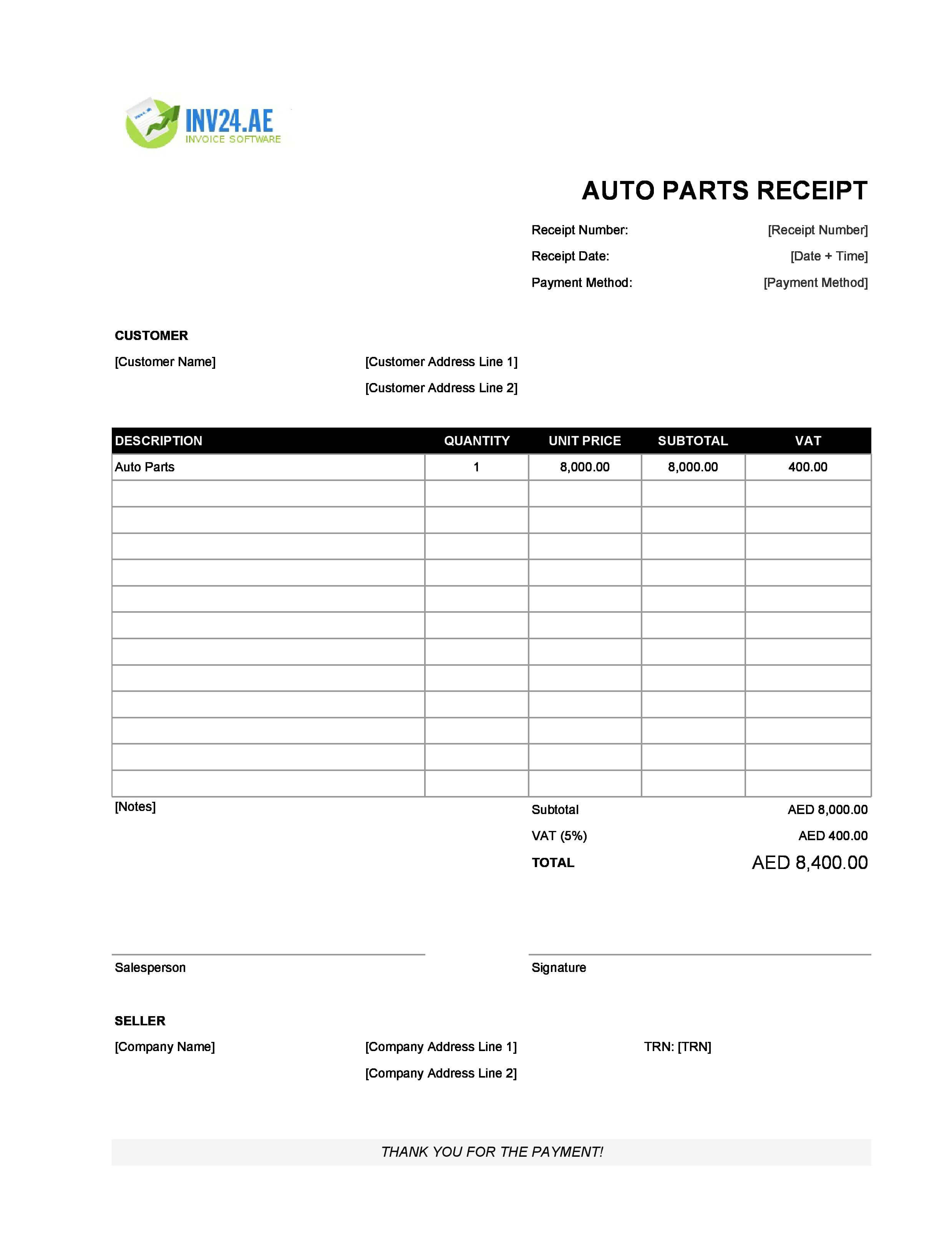 Auto Parts Receipt Template for UAE (Excel / Google Sheets)