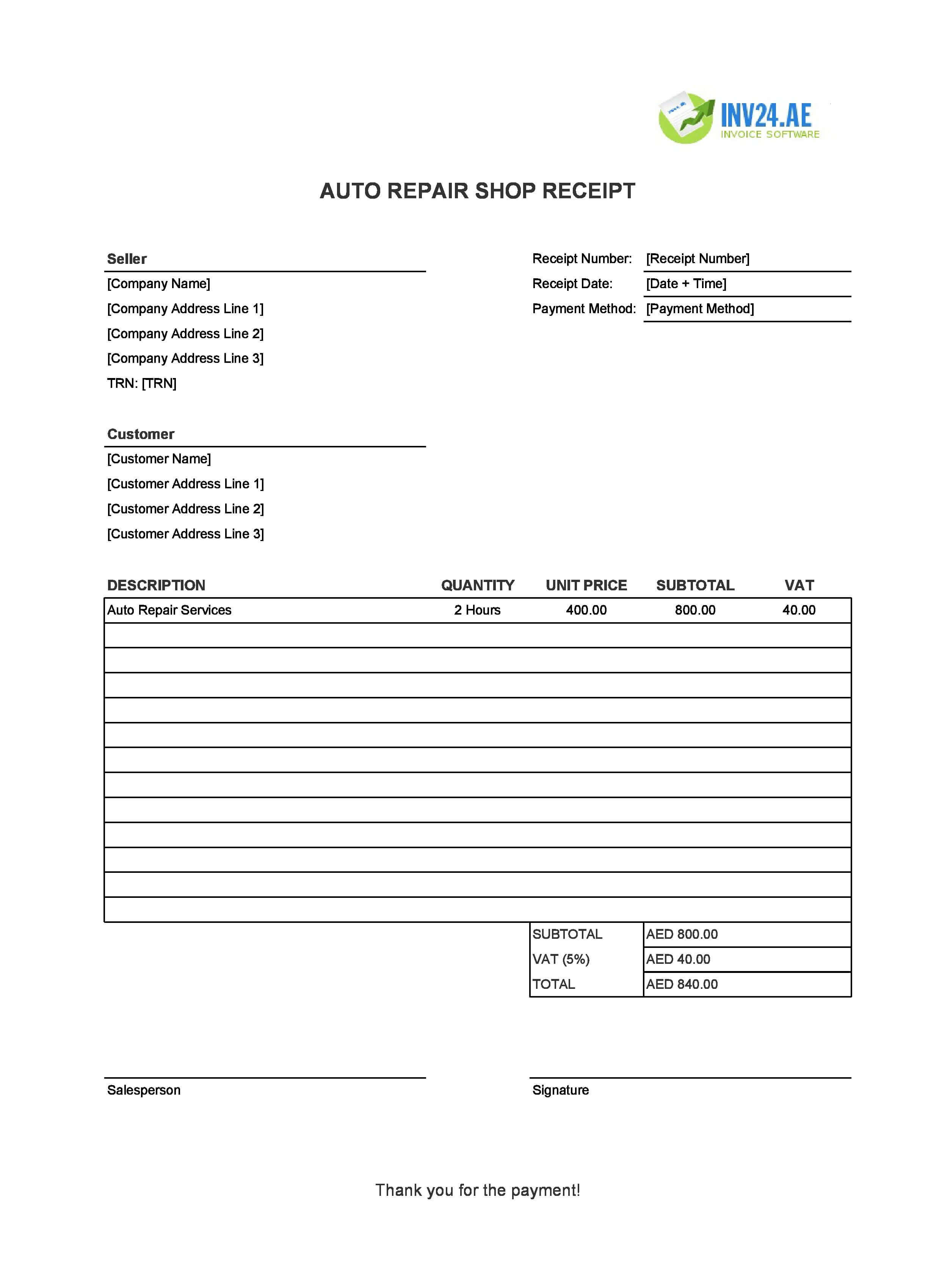 Auto Repair Shop Receipt Template for UAE (Excel / Google Sheets)