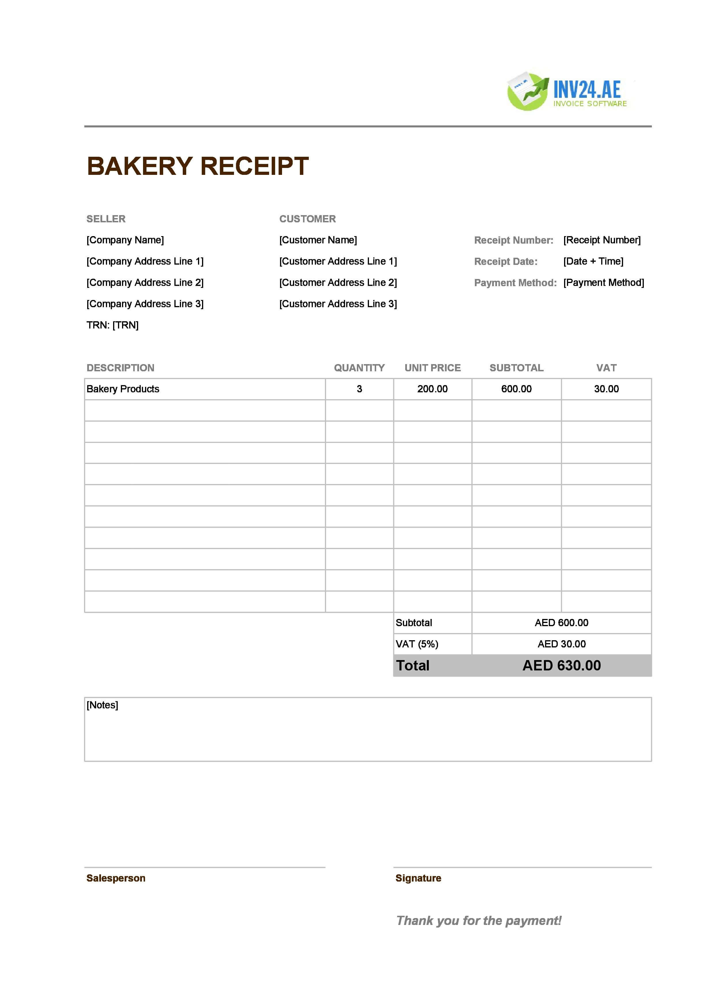 Bakery Receipt Template for UAE (Excel / Google Sheets)