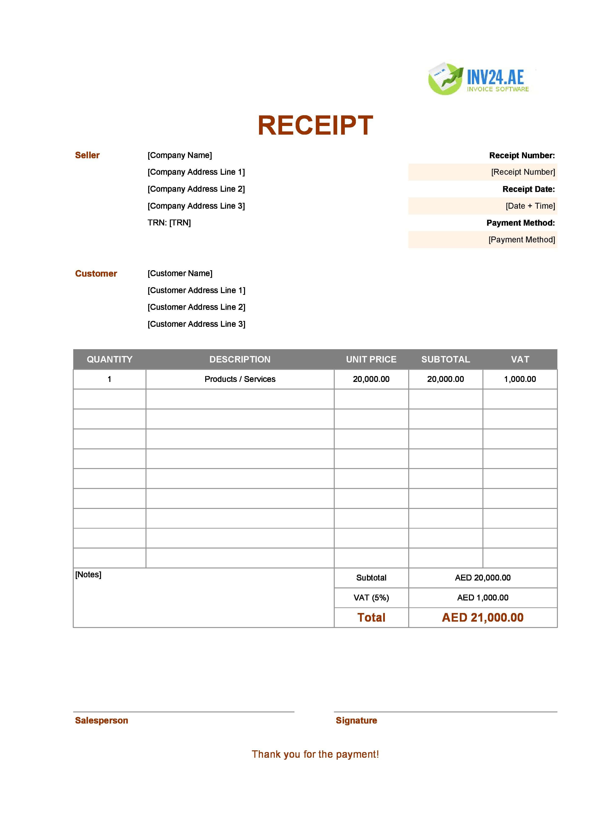 Basic Receipt Template for UAE (Excel / Google Sheets)