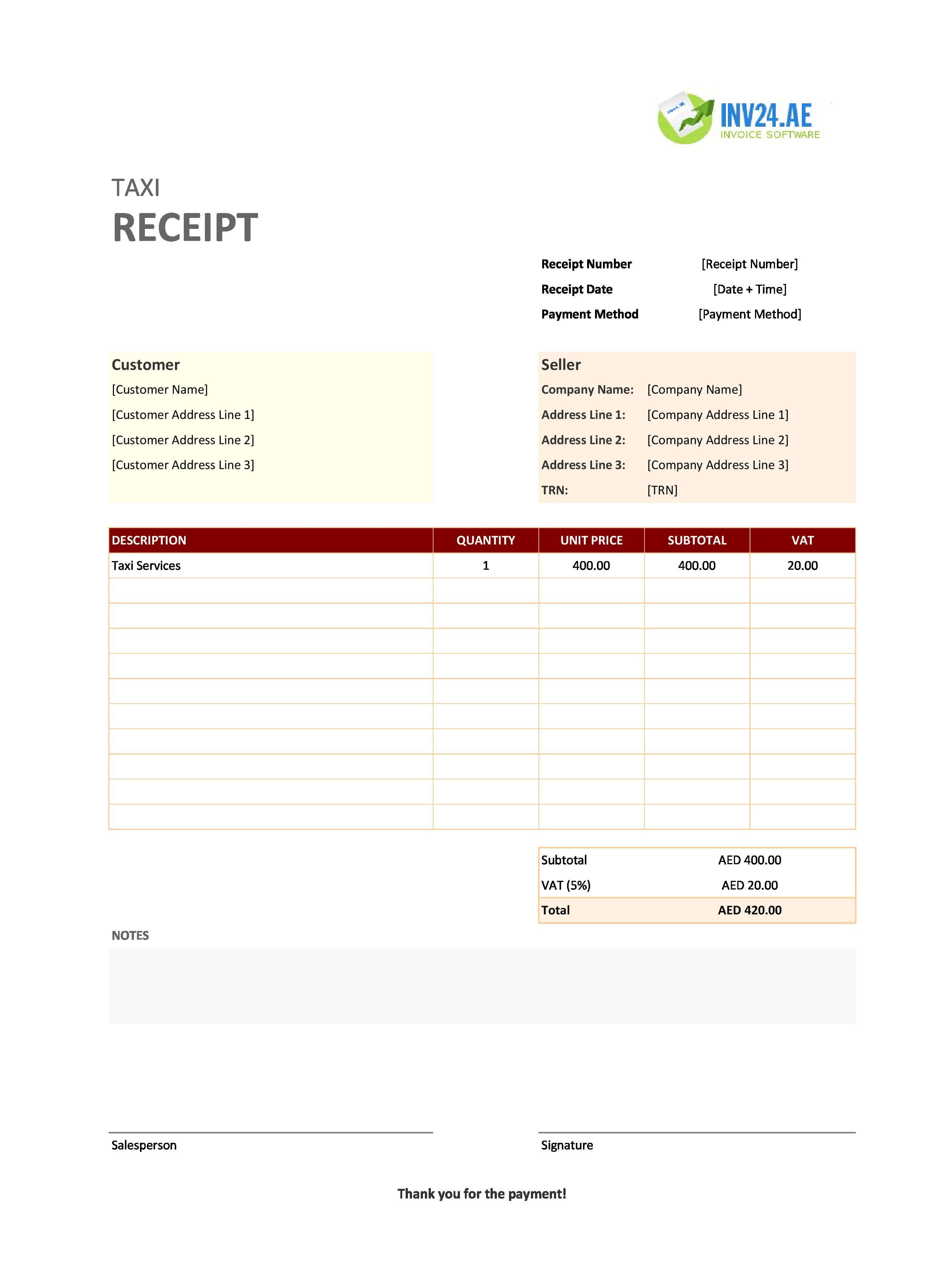 Blank Taxi Receipt Template for UAE (Excel / Google Sheets)