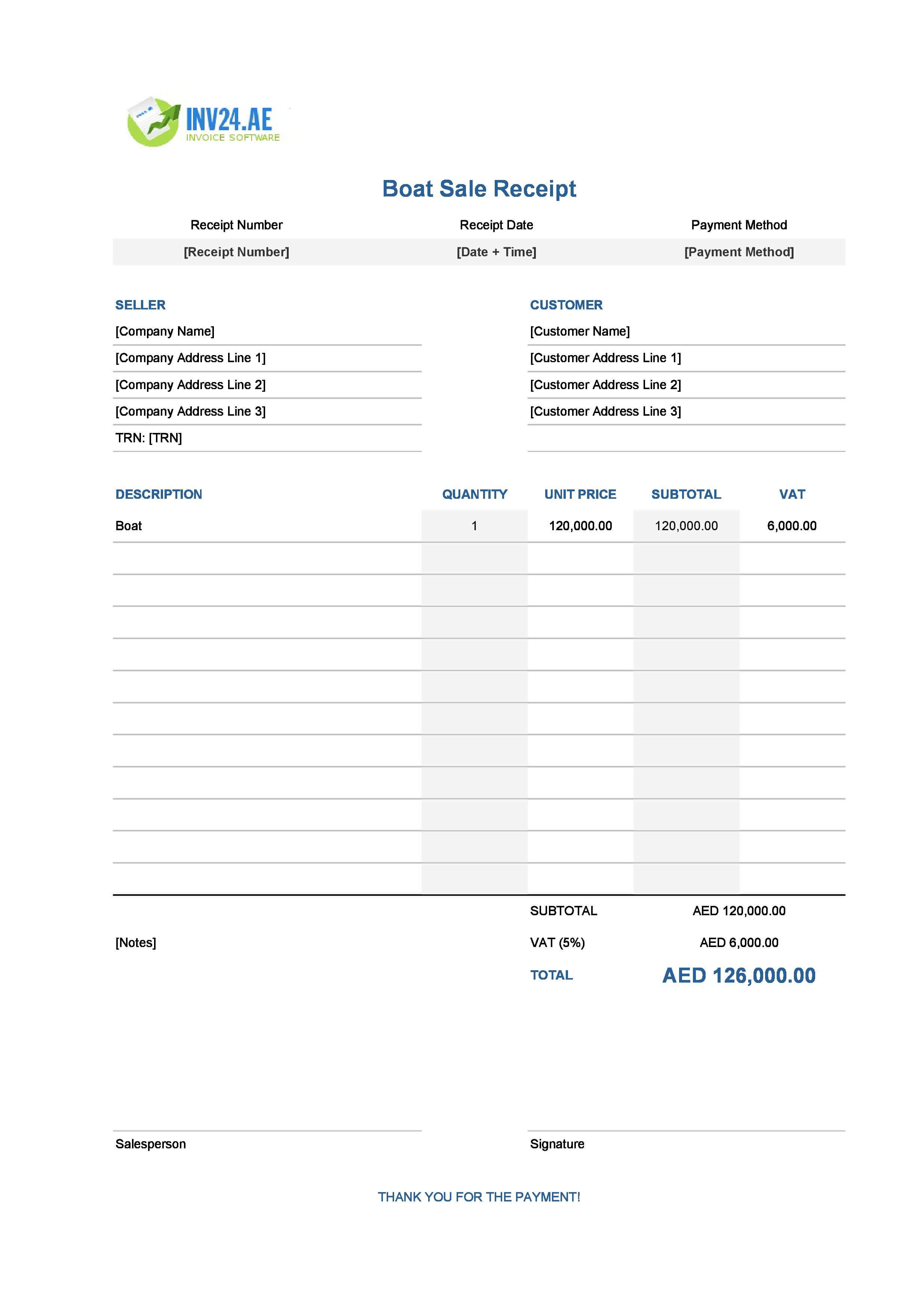 Boat Sale Receipt Template for UAE (Excel / Google Sheets)