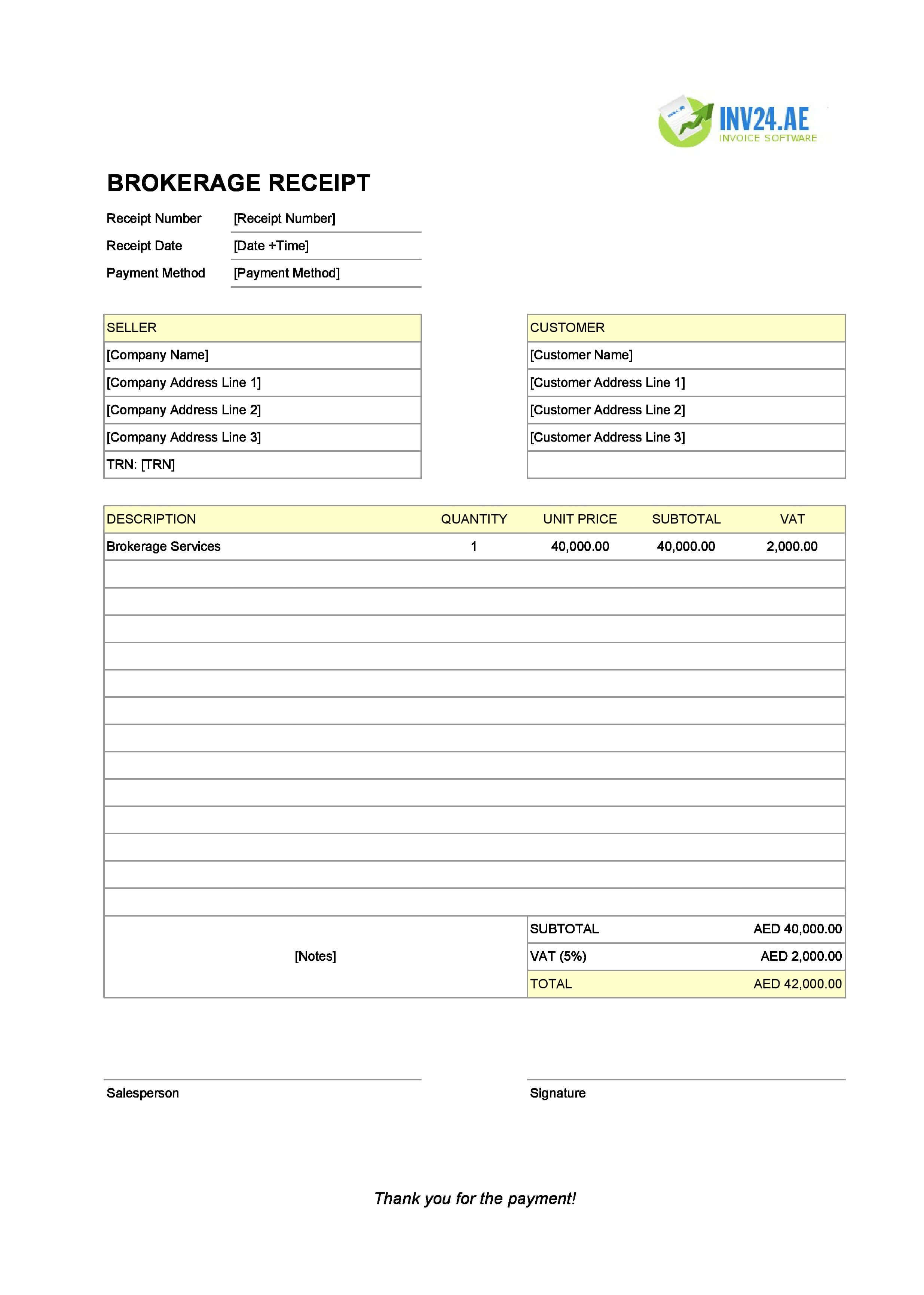 Brokerage Receipt Template for UAE (Excel / Google Sheets)