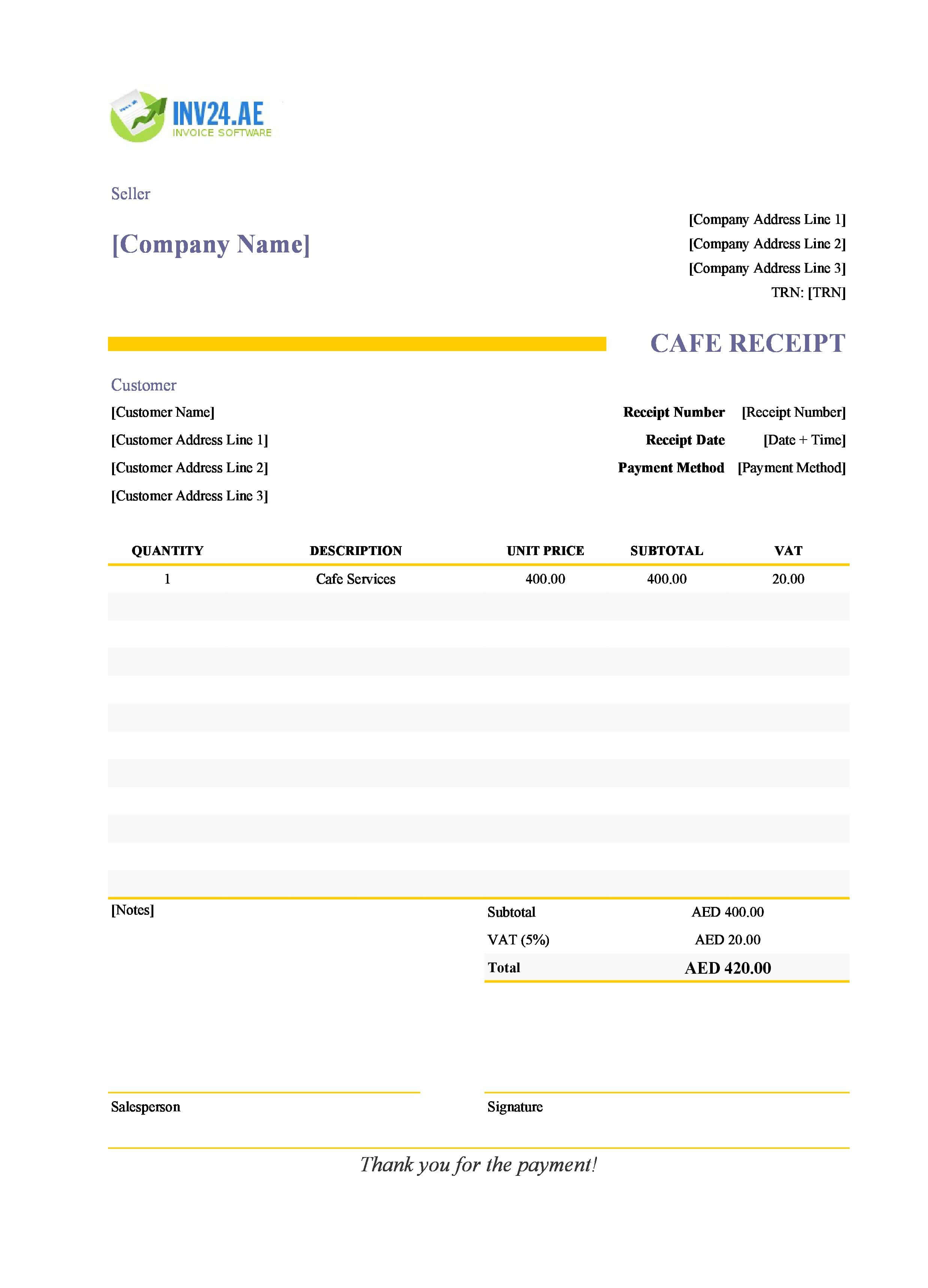 Cafe Receipt Template for UAE (Excel / Google Sheets)