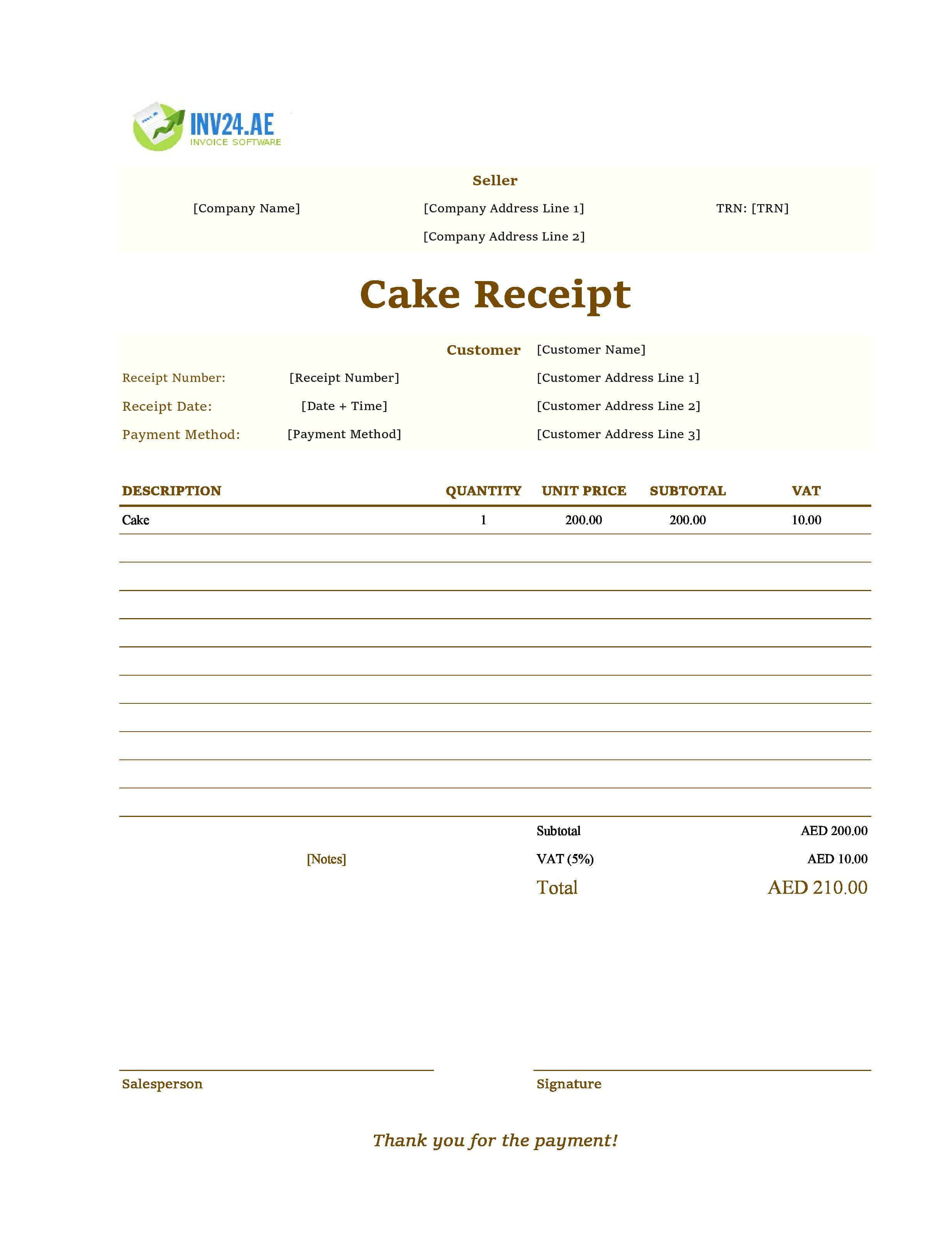 Cake Receipt Template for UAE (Excel / Google Sheets)