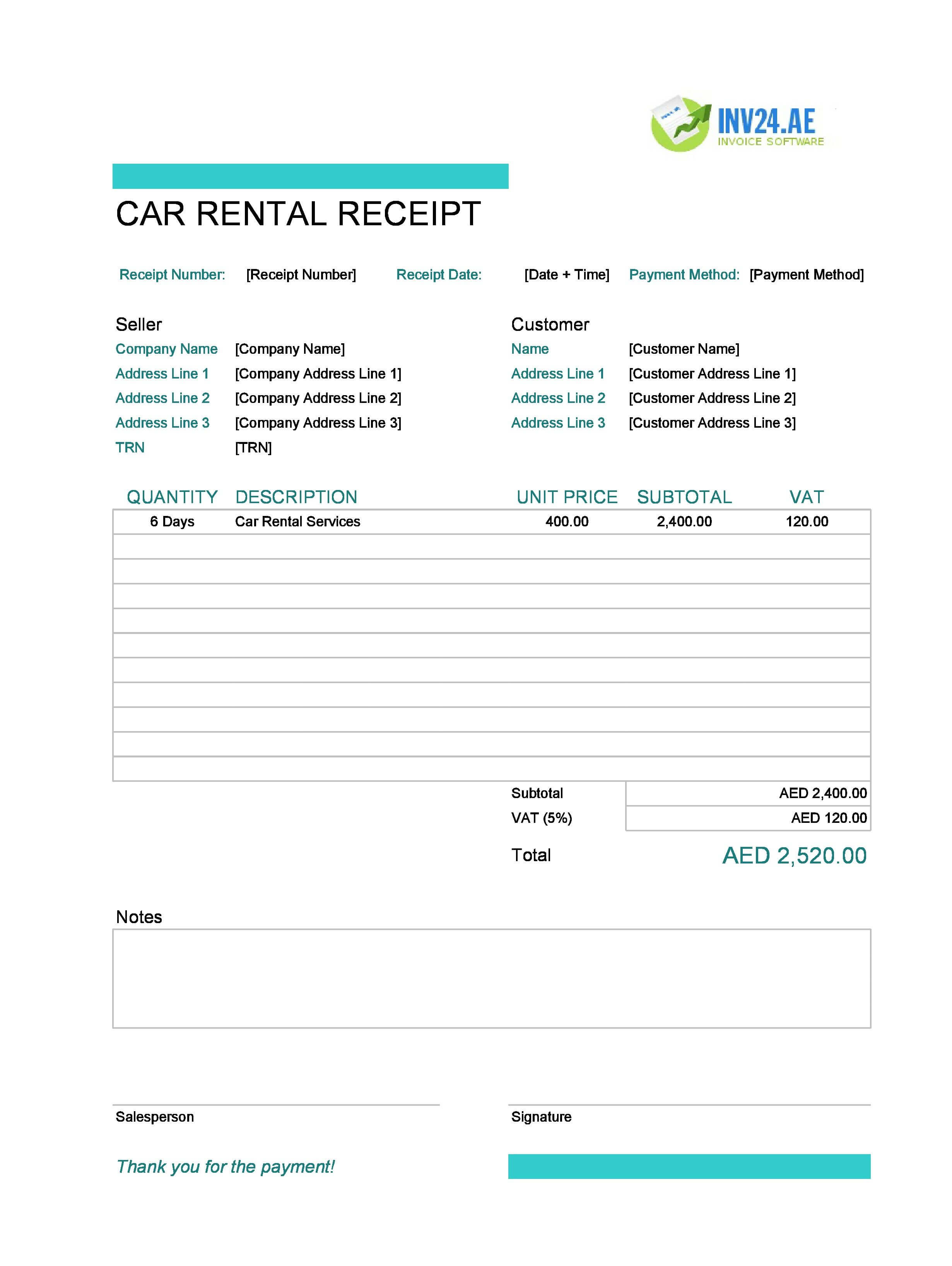 Car Rental Receipt Template for UAE (Excel / Google Sheets)
