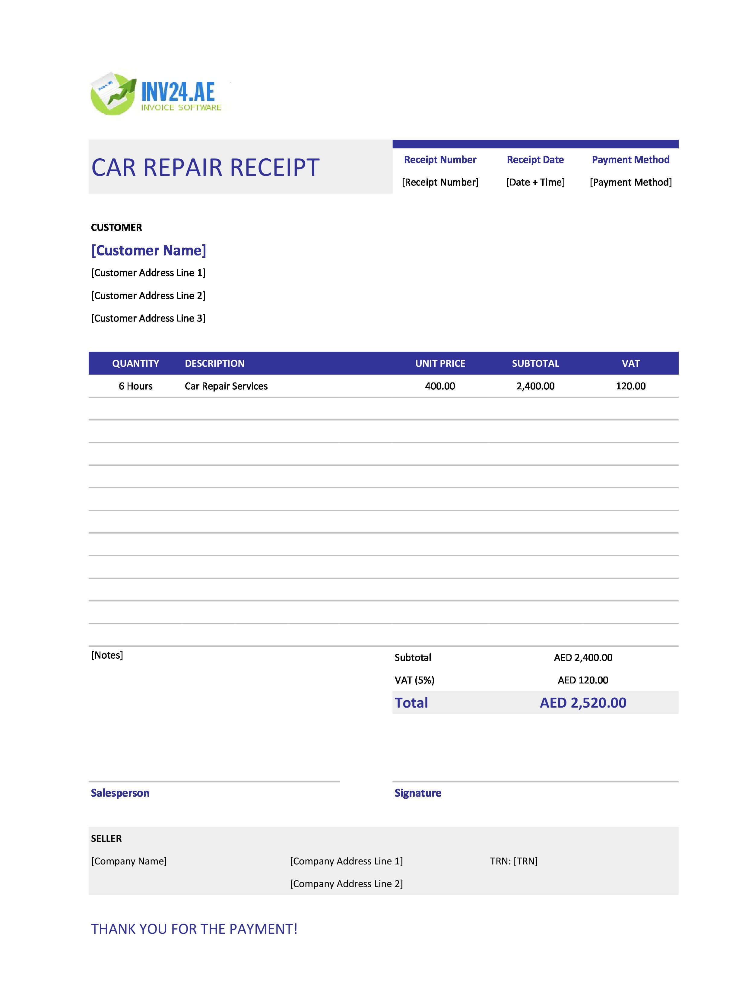 Car Repair Receipt Template for UAE (Excel / Google Sheets)
