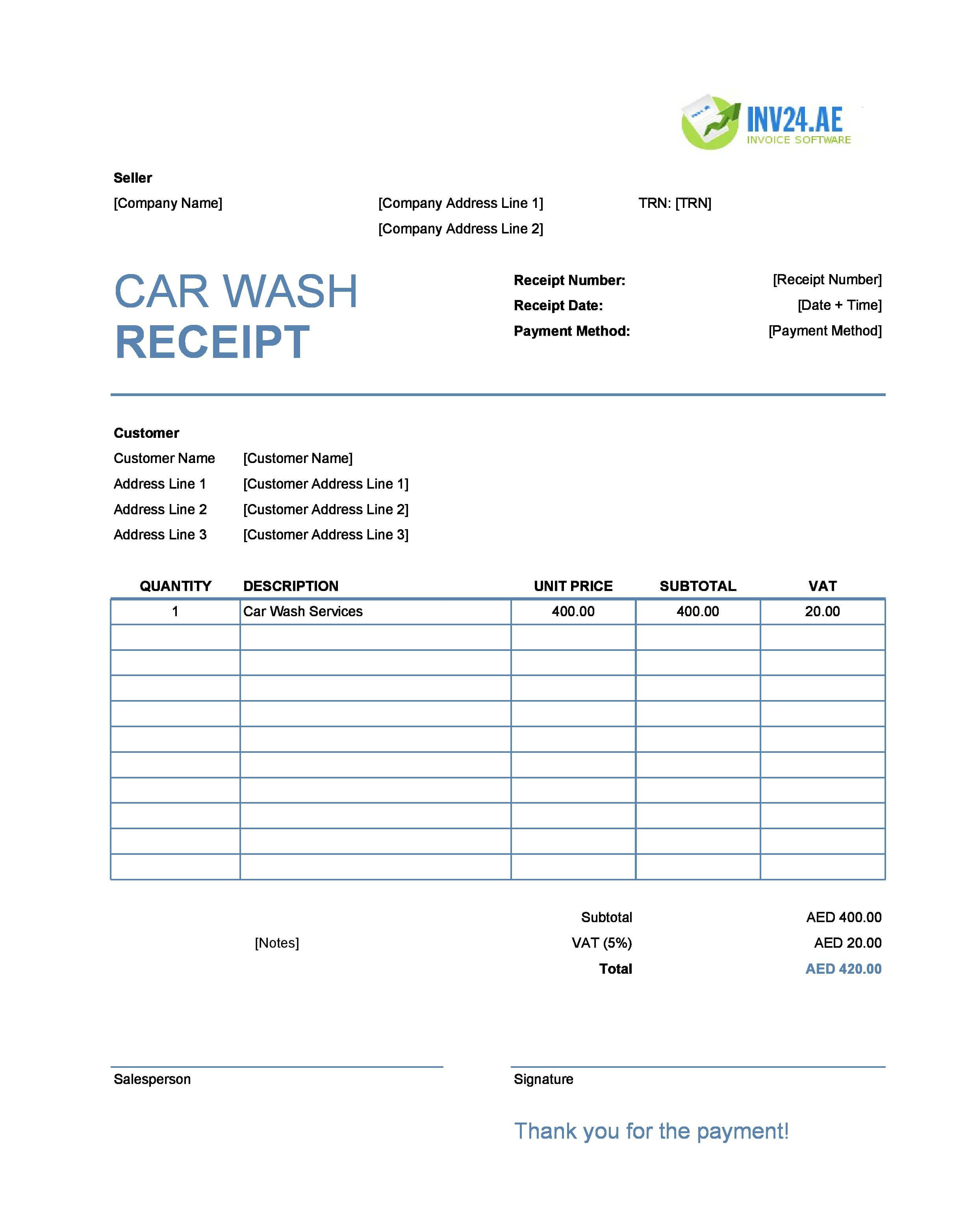 Car Wash Receipt Template for UAE (Excel / Google Sheets)
