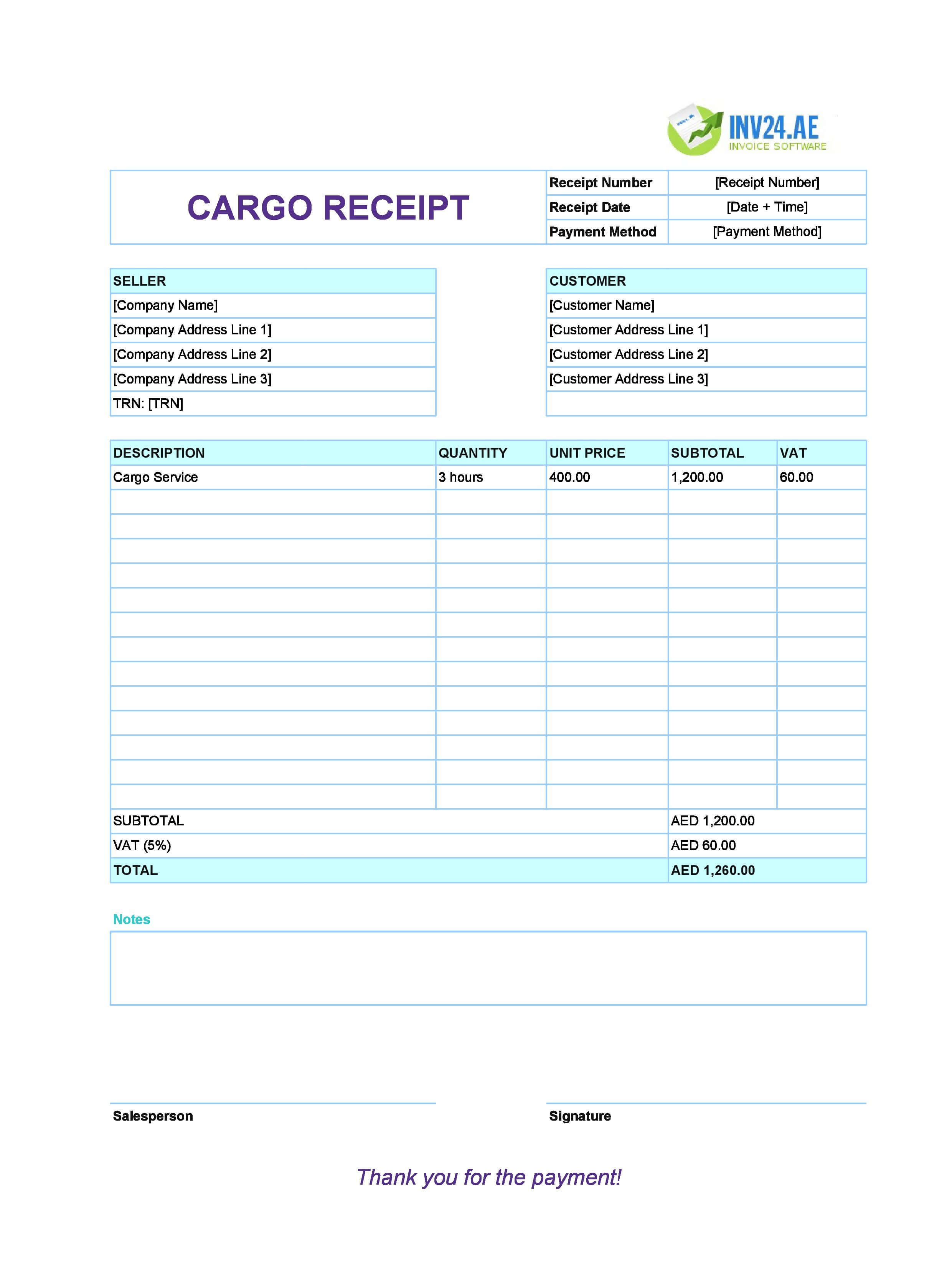 Cargo Receipt Template for UAE (Excel / Google Sheets)