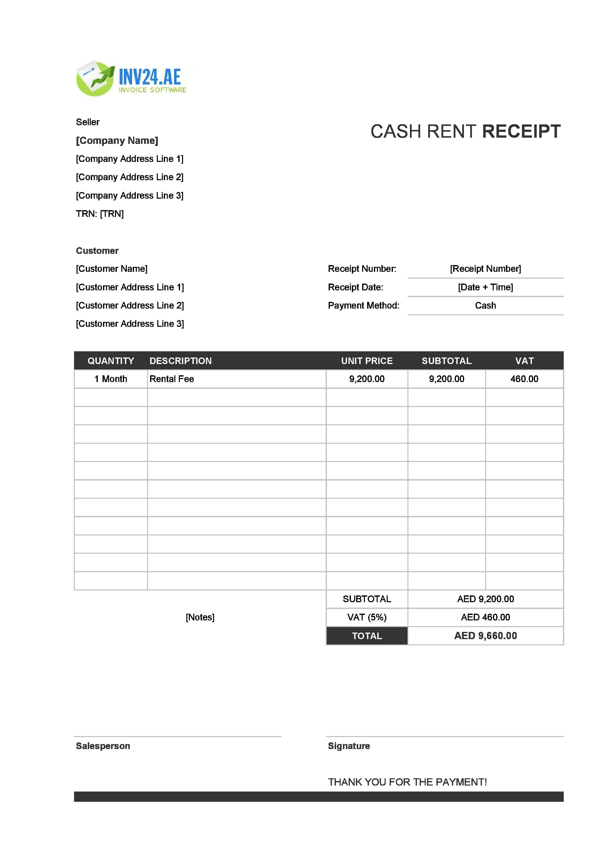 Cash Rent Receipt Template for UAE (Excel / Google Sheets)
