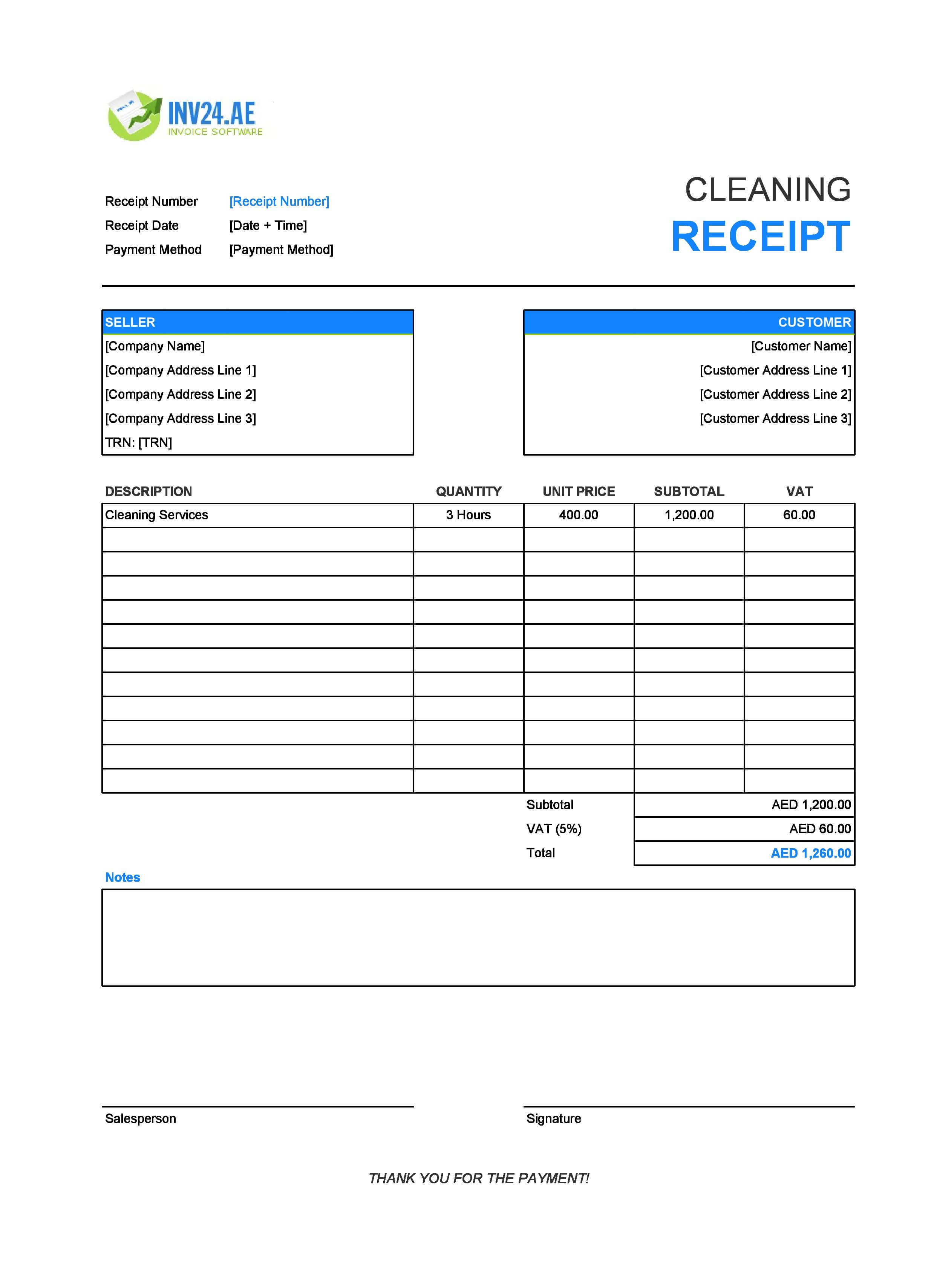 Cleaning Receipt Template for UAE (Excel / Google Sheets)