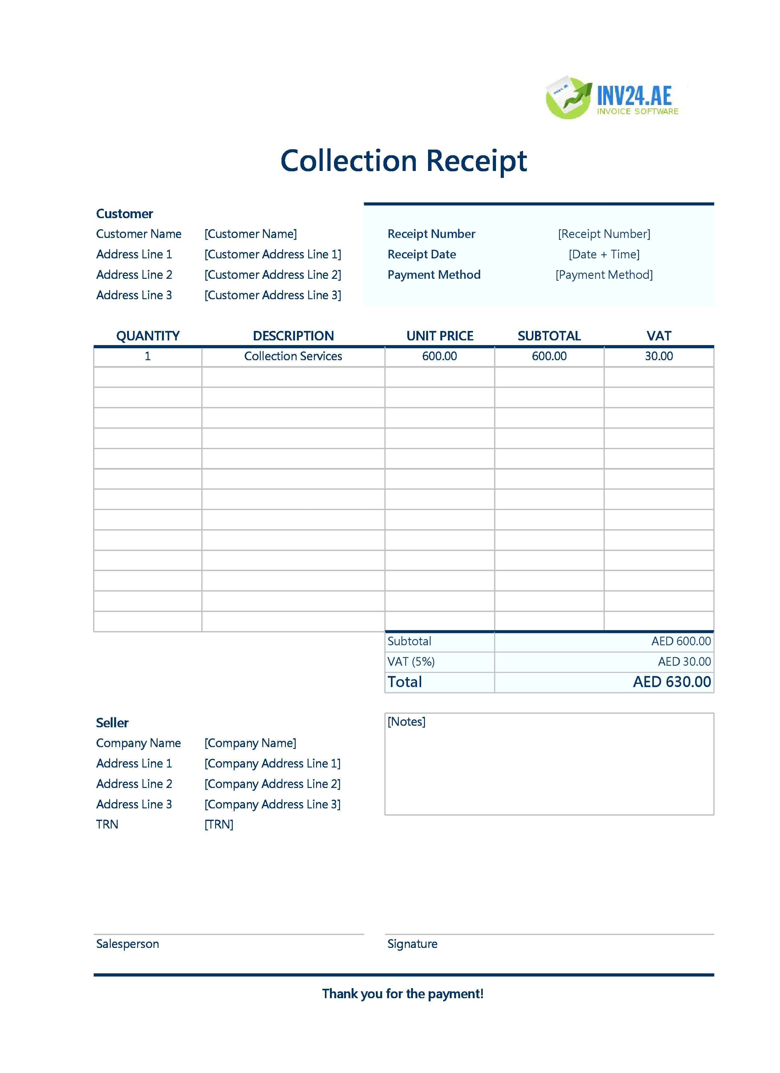 Collection Receipt Template for UAE (Excel / Google Sheets)