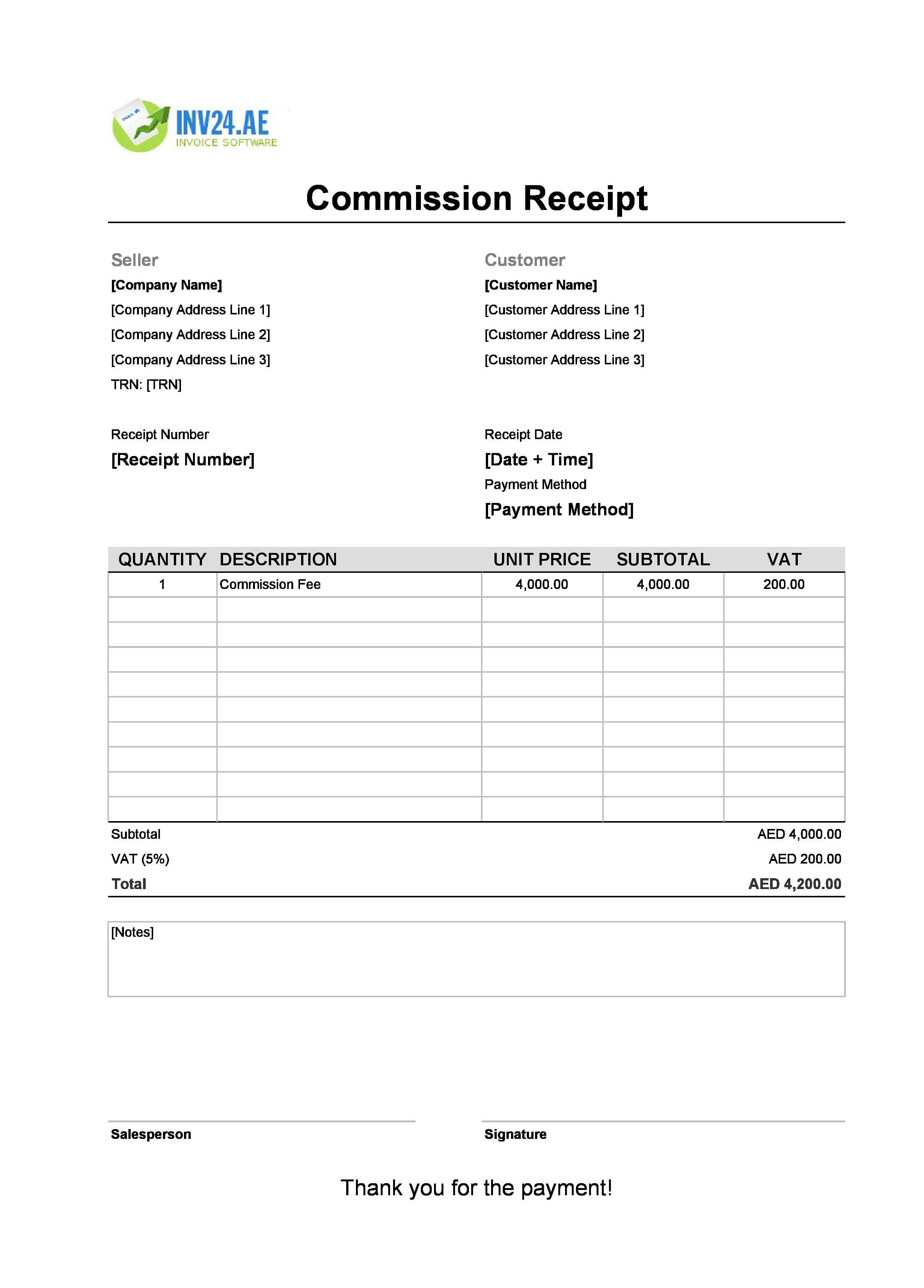 Commission Receipt Template for UAE (Excel / Google Sheets)