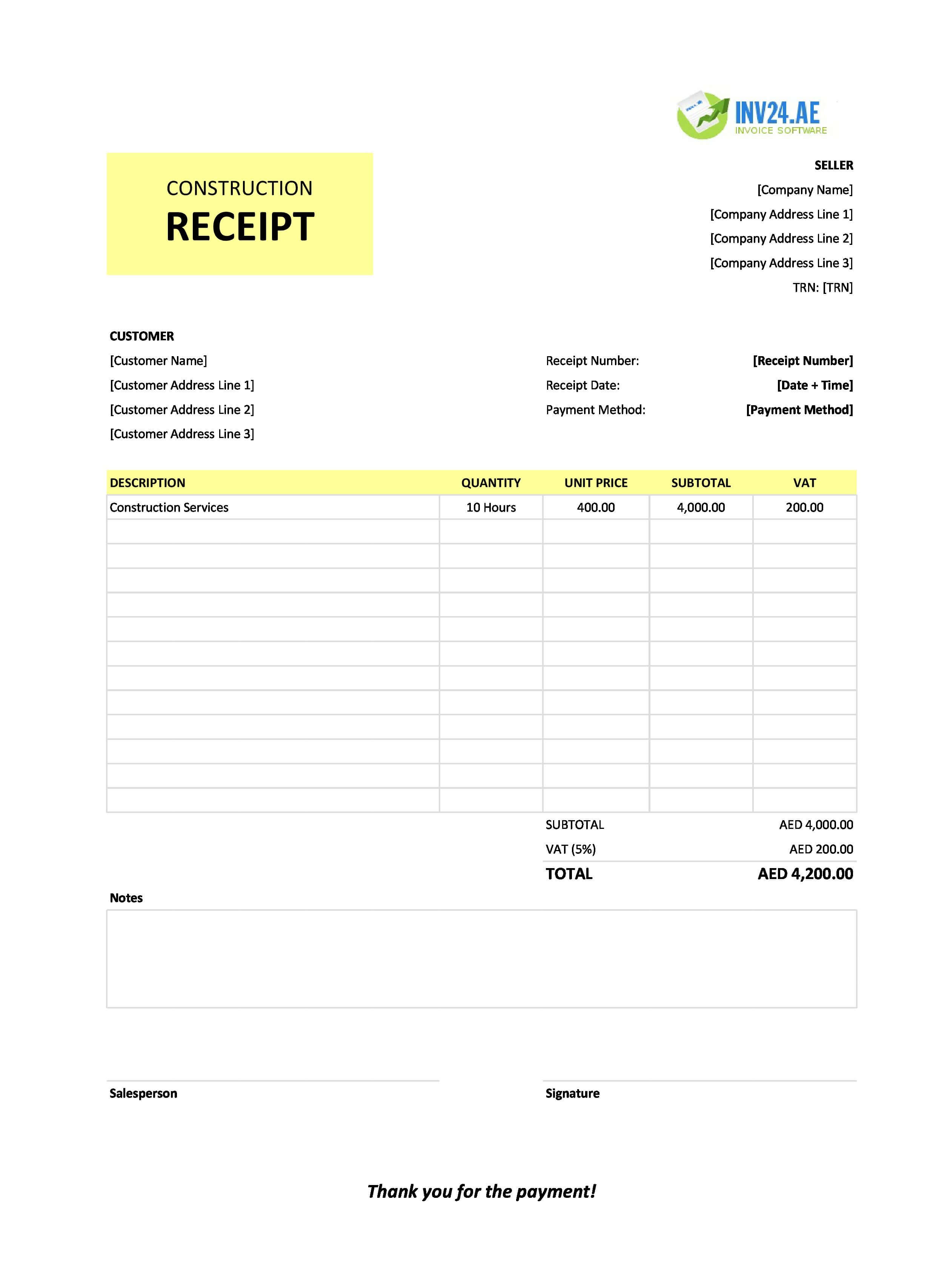 Construction Receipt Template for UAE (Excel / Google Sheets)