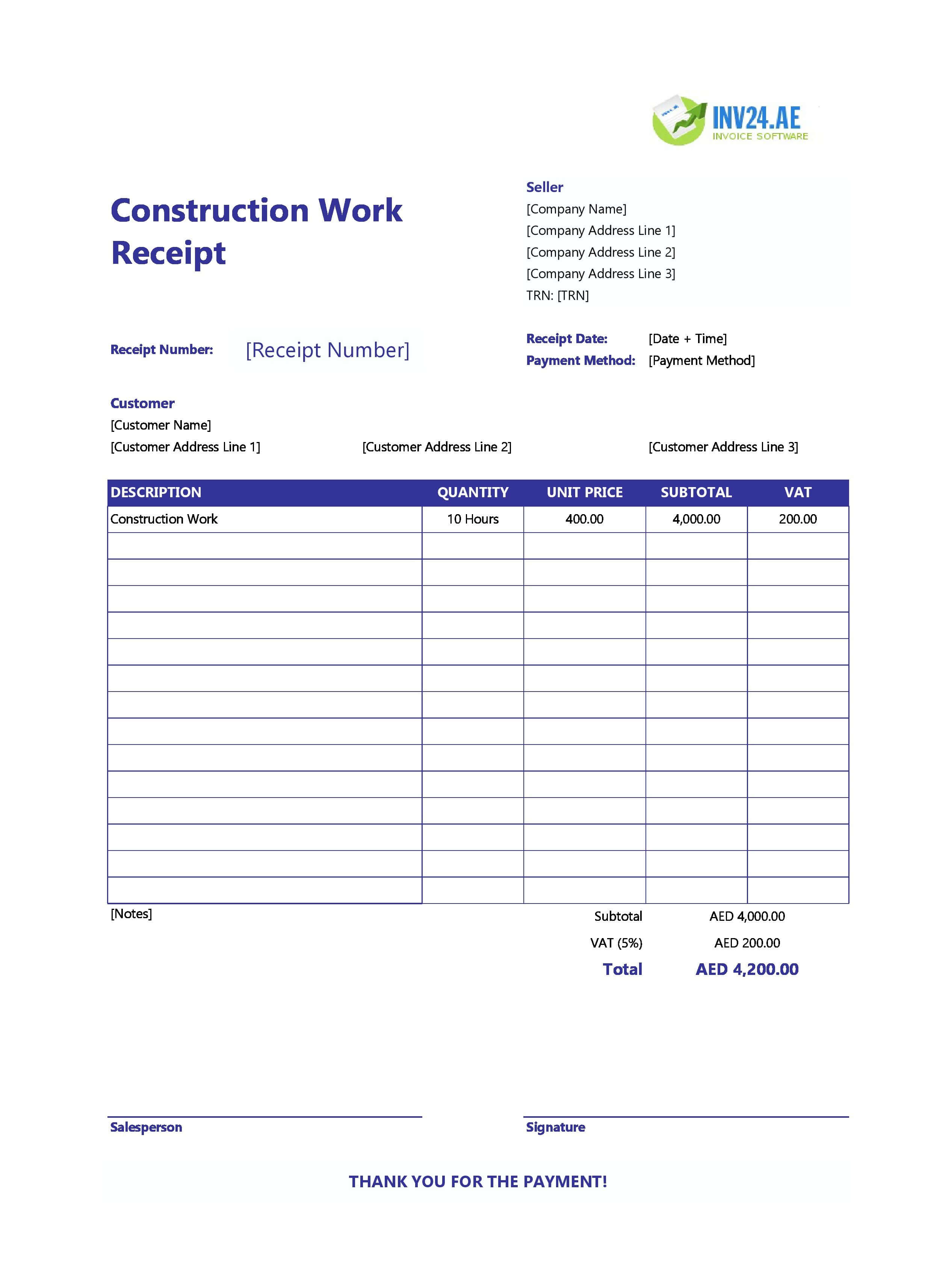 Construction Work Receipt Template for UAE (Excel / Google Sheets)