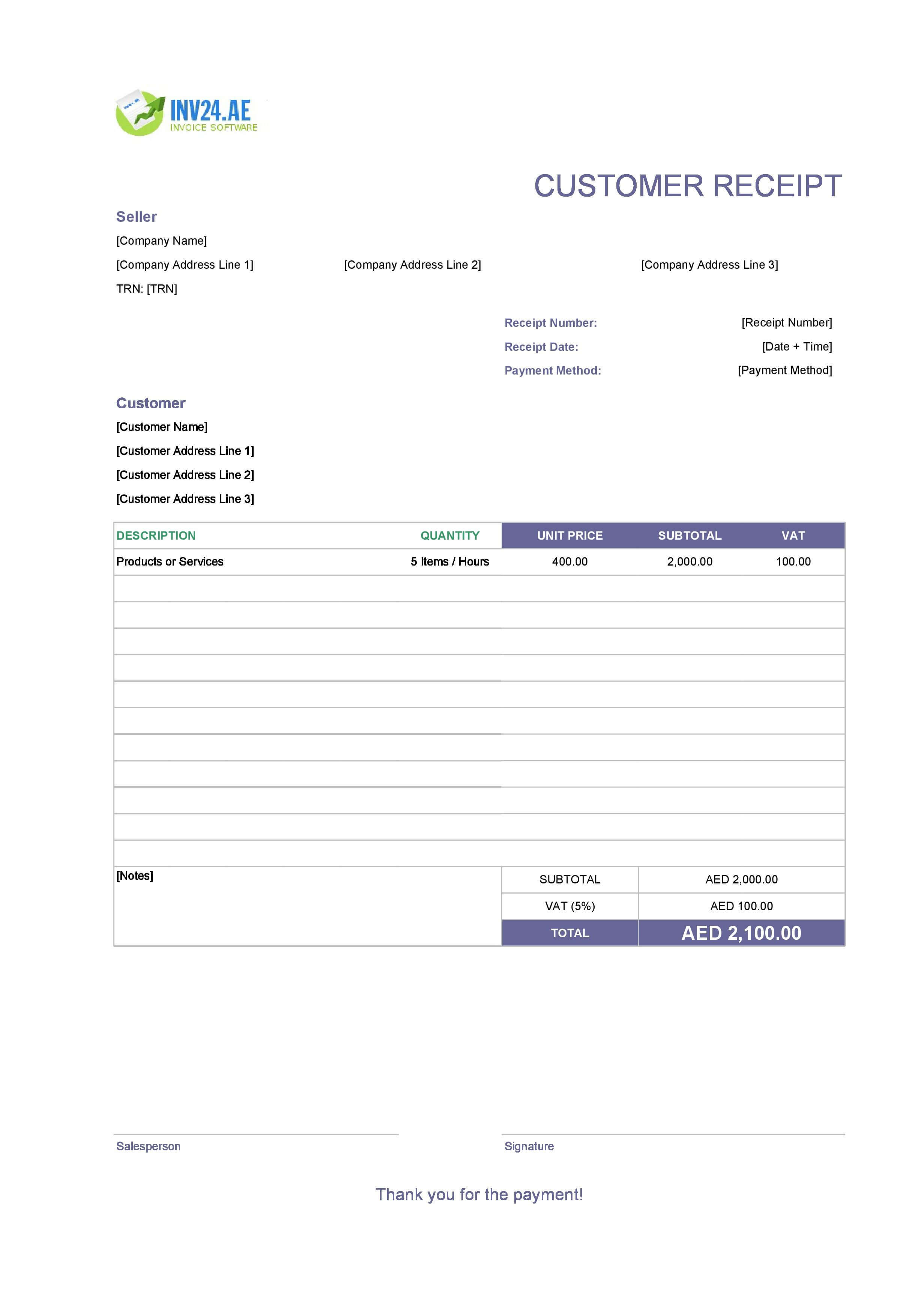 Customer Receipt Template for UAE (Excel / Google Sheets)