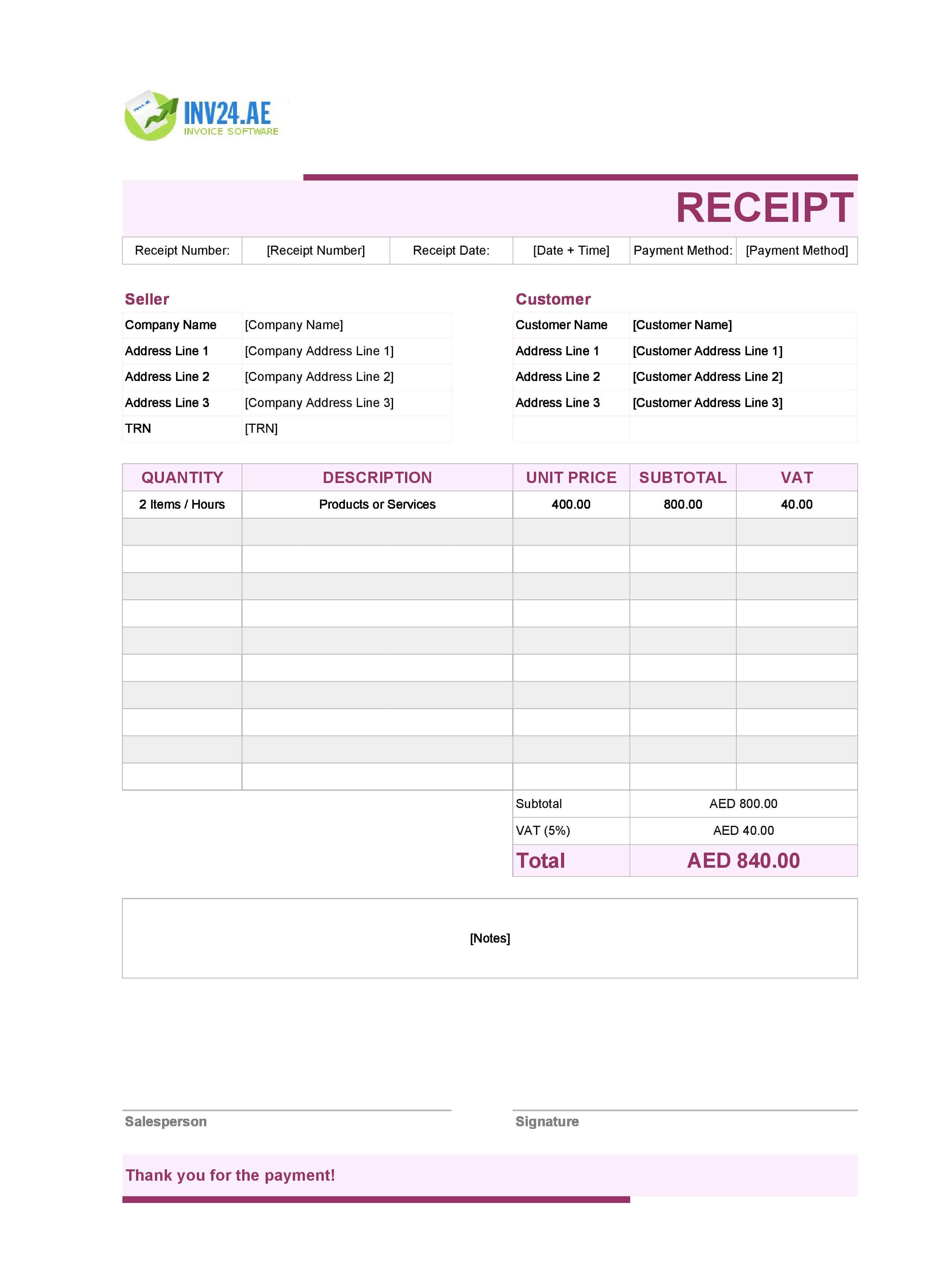 Cute Receipt Template for UAE (Excel / Google Sheets)