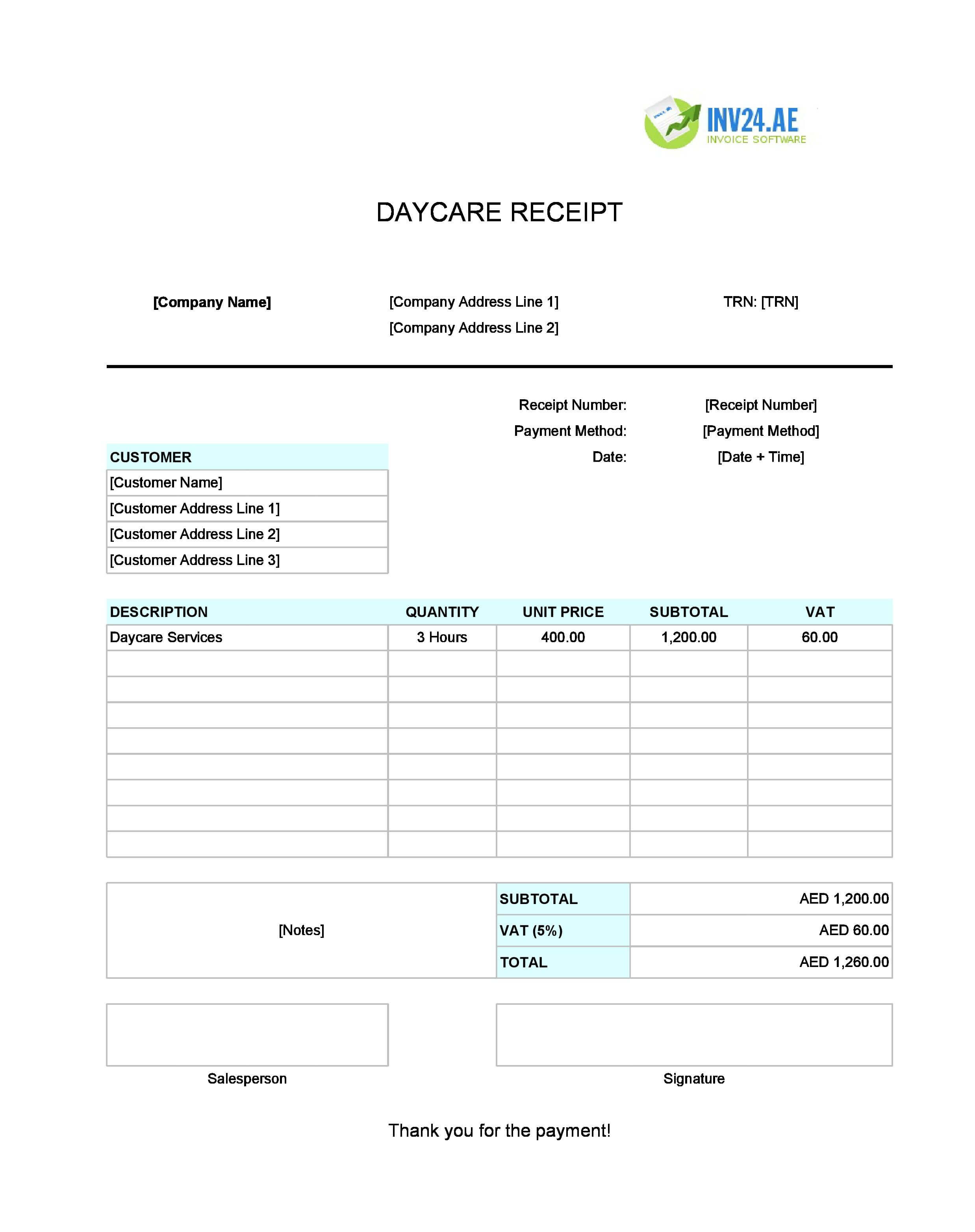 Daycare Receipt Template for UAE (Excel / Google Sheets)