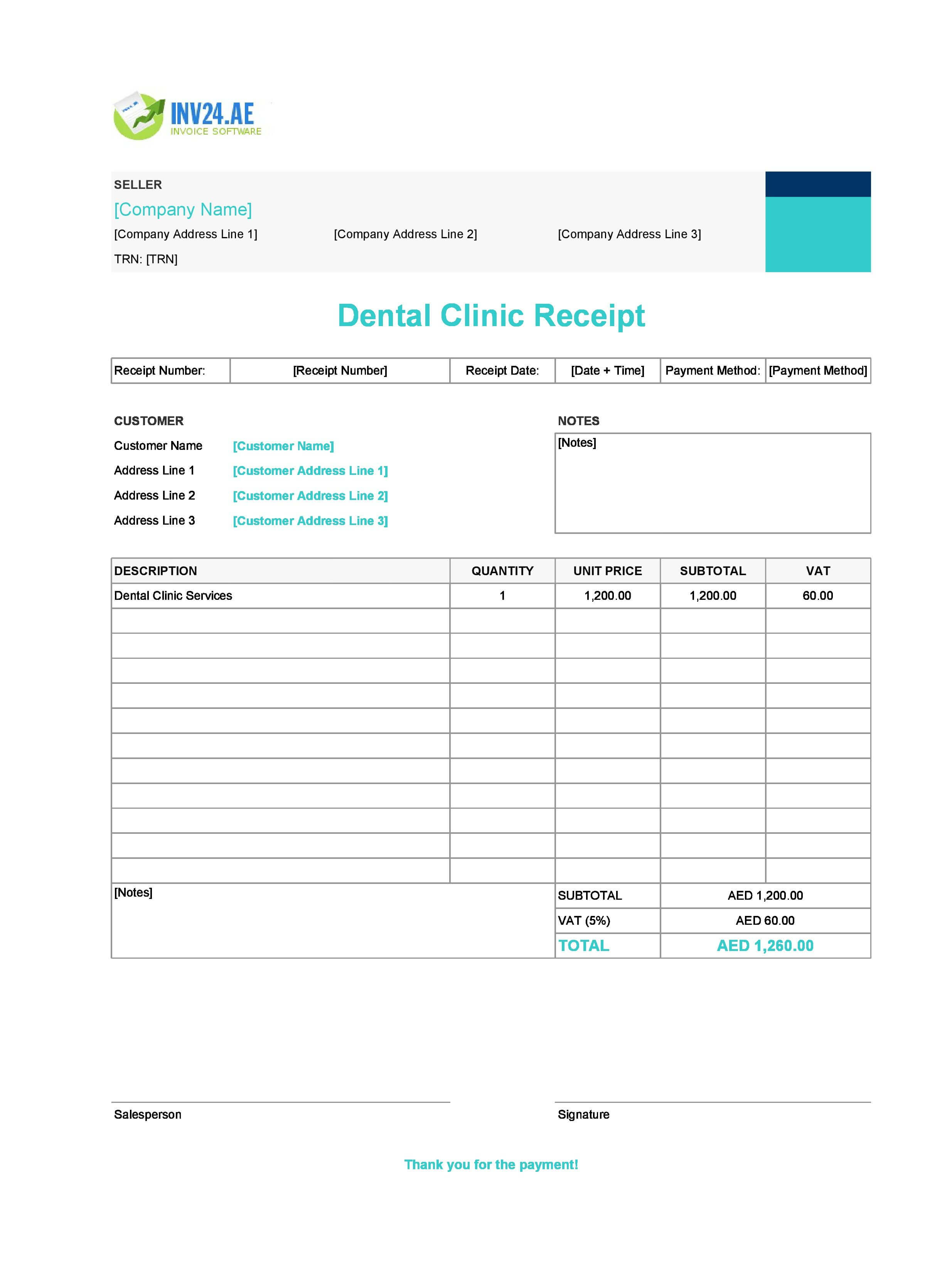 Dental Clinic Receipt Template for UAE (Excel / Google Sheets)