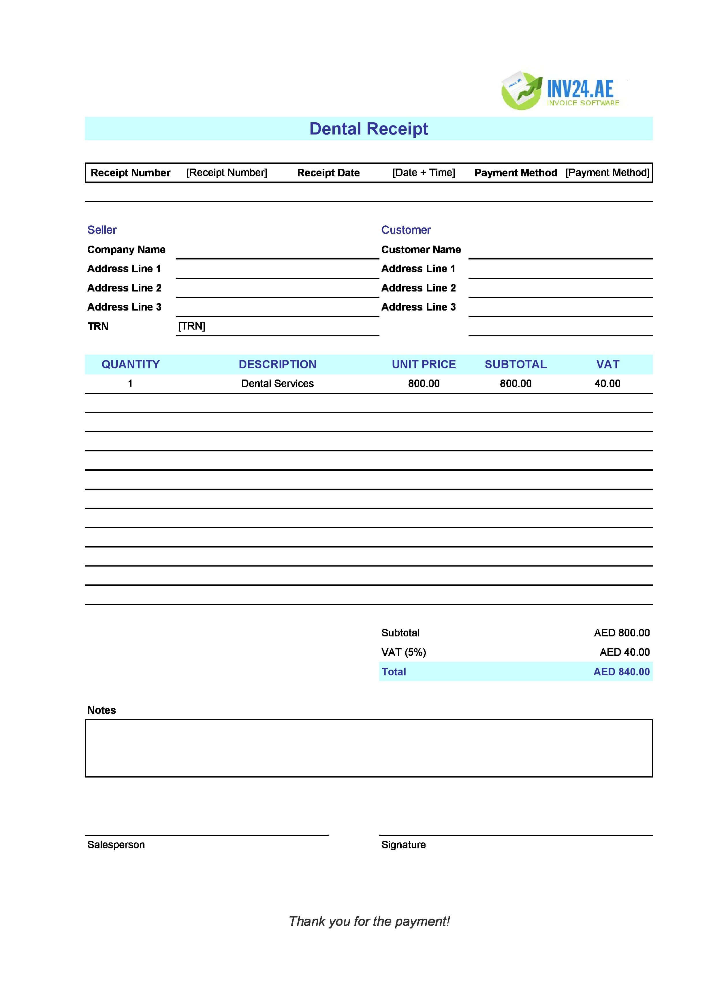 Dental Receipt Template for UAE (Excel / Google Sheets)