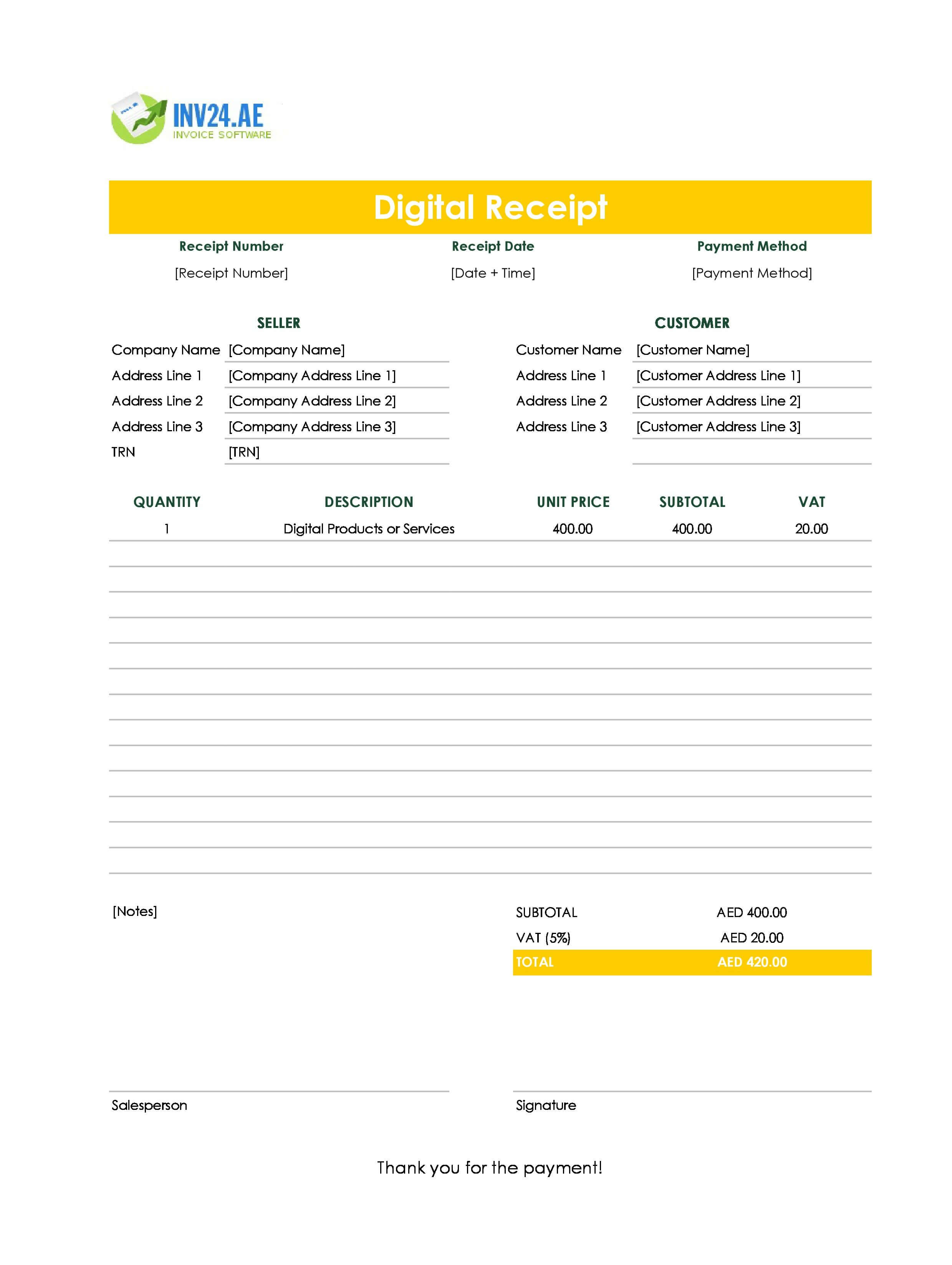 Digital Receipt Template for UAE (Excel / Google Sheets)