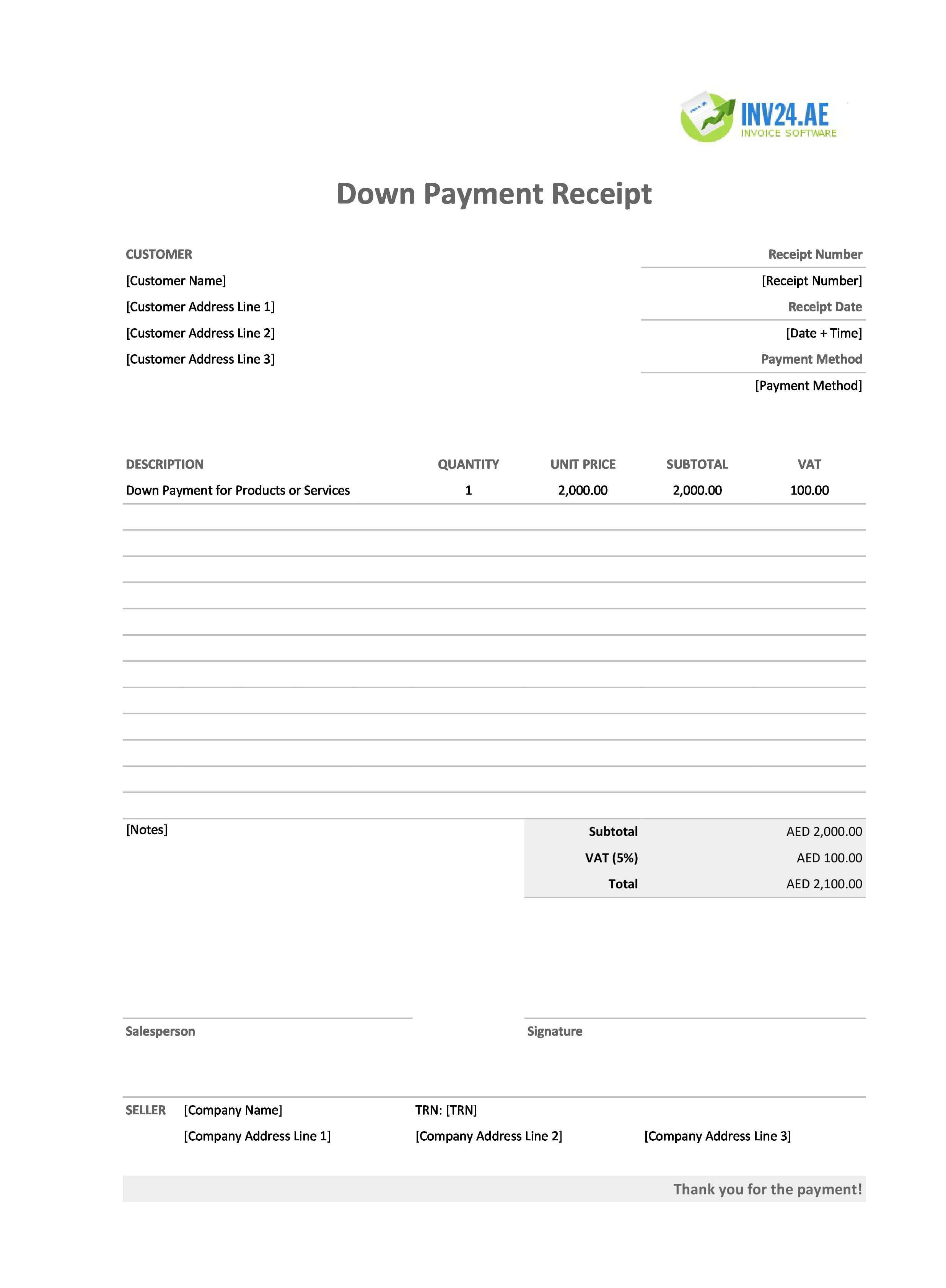 Down Payment Receipt Template for UAE (Excel / Google Sheets)