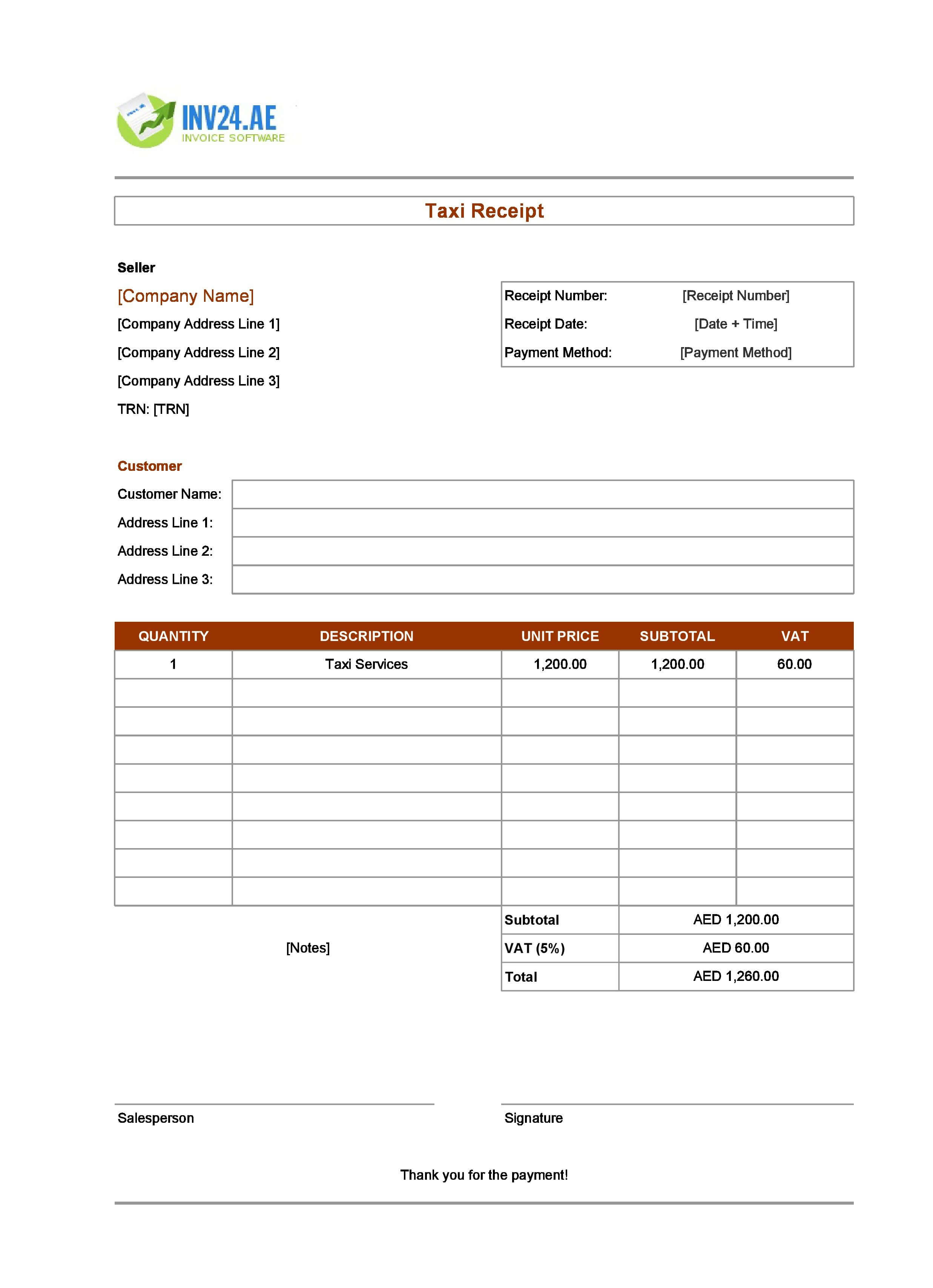 Editable Taxi Receipt Template for UAE (Excel / Google Sheets)