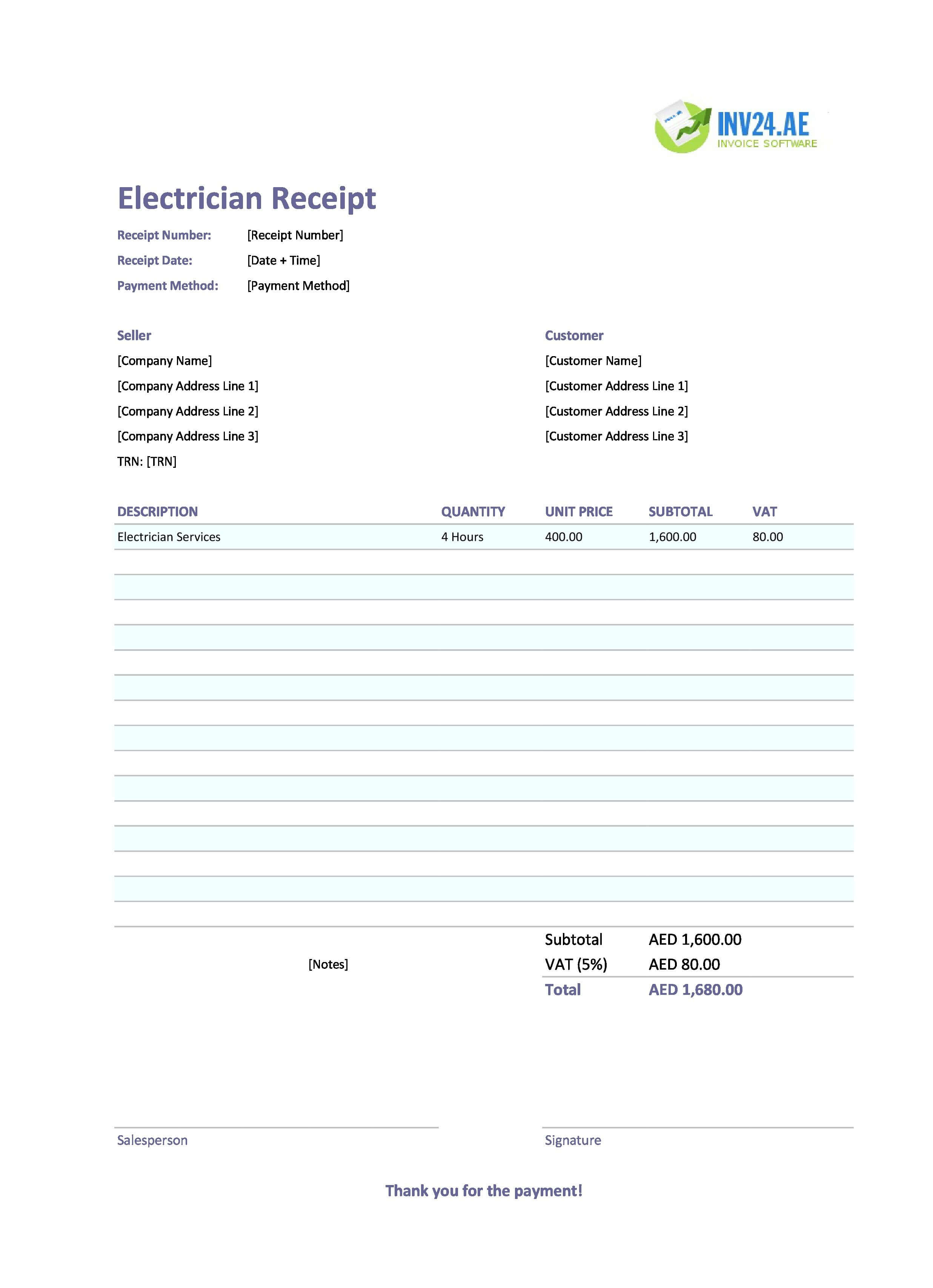Electrician Receipt Template for UAE (Excel / Google Sheets)