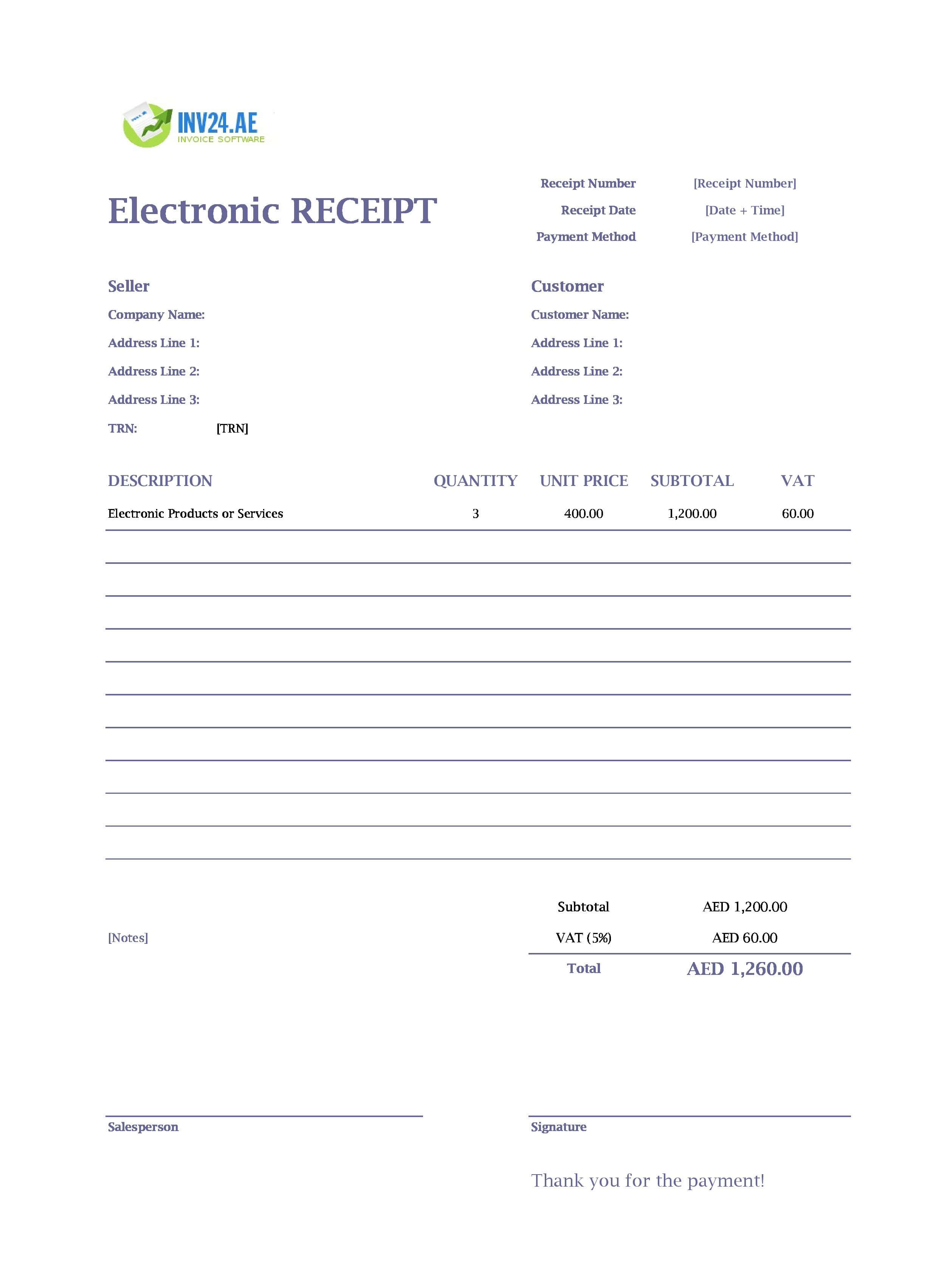 Electronic Receipt Template for UAE (Excel / Google Sheets)