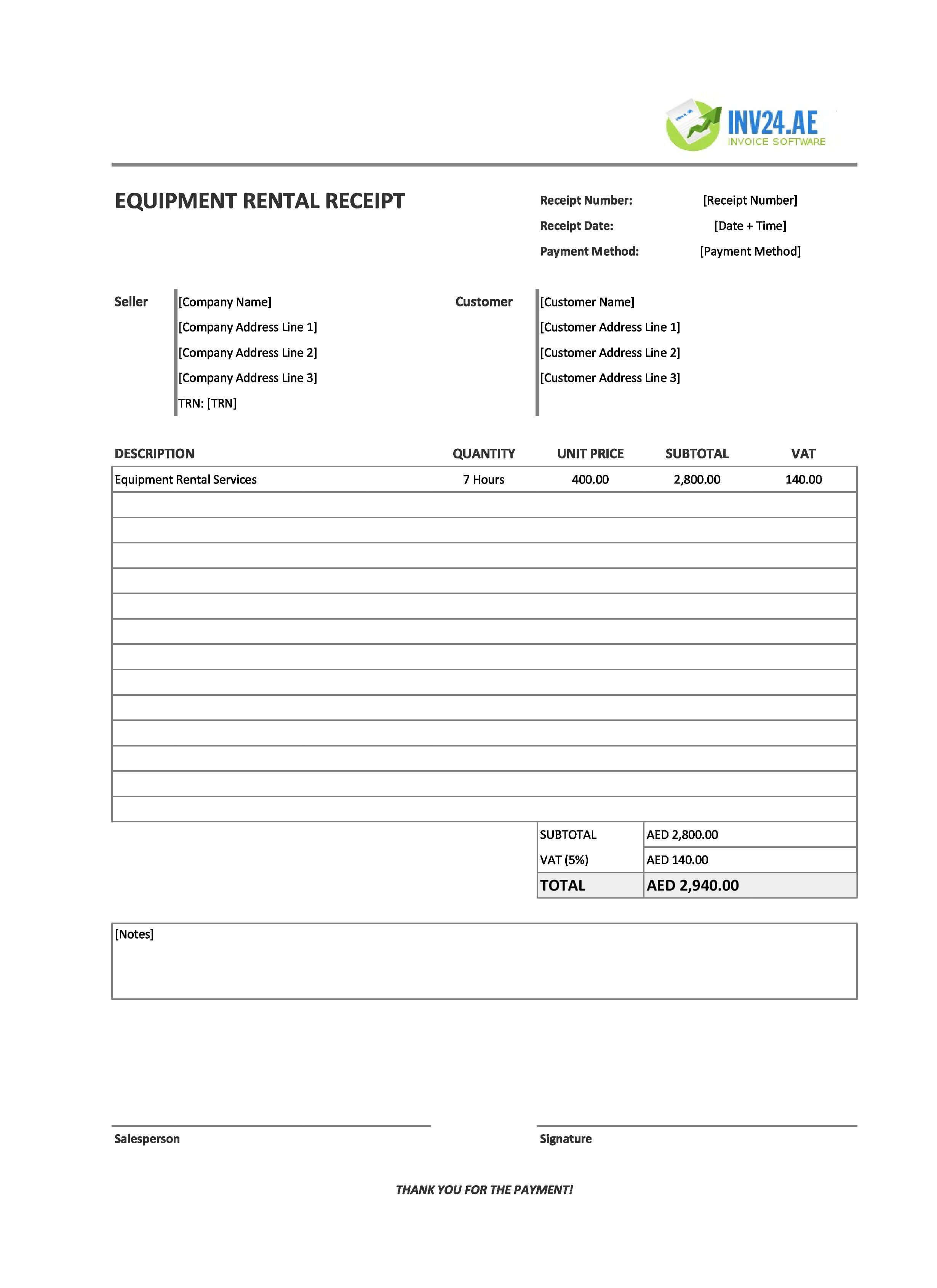 Equipment Rental Receipt Template for UAE (Excel / Google Sheets)